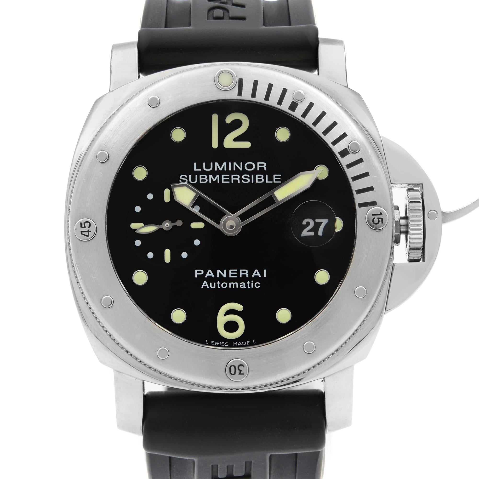 This pre-owned Panerai Luminor Submersible PAM00024 is a beautiful men's timepiece that is powered by mechanical (automatic) movement which is cased in a stainless steel case. It has a round shape face, date indicator dial, small seconds subdial and