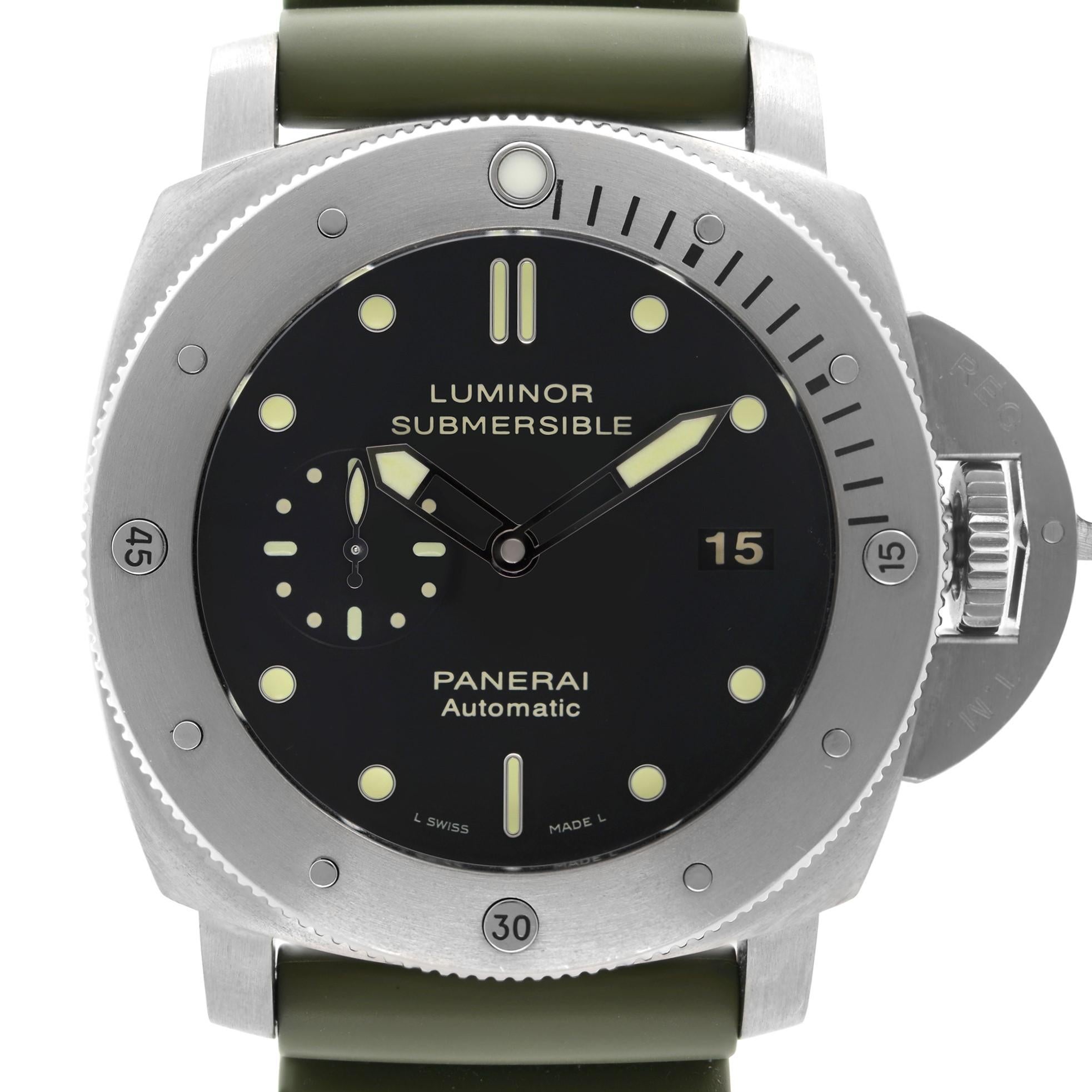 Excellent Pre-owned Condition Panerai Luminor Submersible Titanium Black Dial Automatic Men's Watch PAM00305. Green Band.  No Original Box and Papers are Included. Comes with Chronostore Presentation Box and Authenticity Card. Covered by 1-year