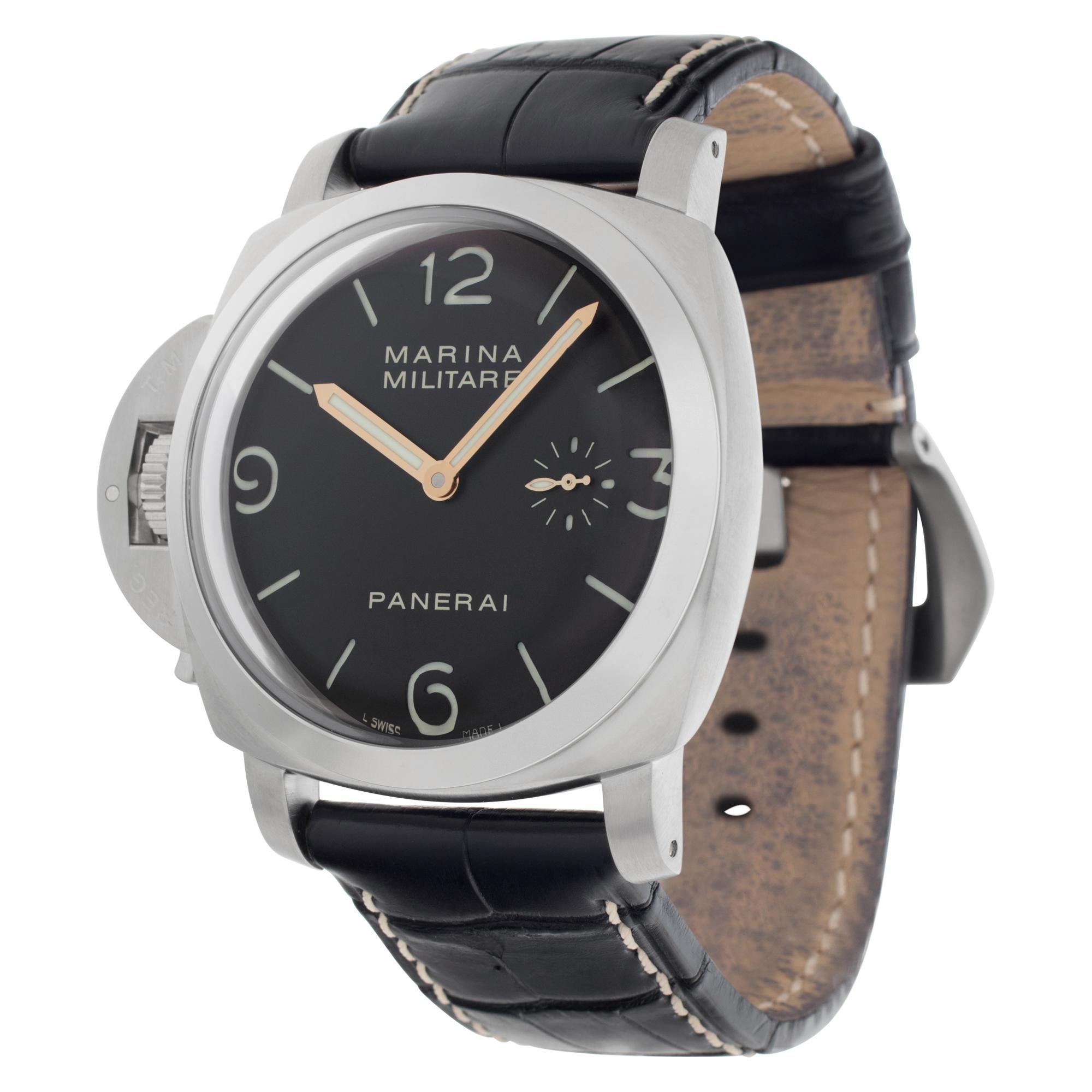 Limited Edition Panerai Marina Militare Lefty in stainless steel on leather strap with tang buckle. Manual w/ subseconds. With extra leather strap booklets, box, certifcates and papers. 47 mm case size. Ref PAM217. Fine Pre-owned Panerai
