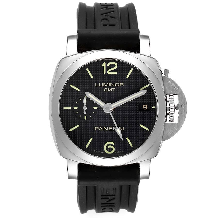 Panerai Officine Luminor 1950 3 Days Power Reserve Watch PAM00535 Box Papers. Automatic self-winding movement. Caliber P.9001. Stainless steel cushion shaped case 42 mm in diameter. Panerai patented crown protector. Exhibition sapphire caseback.