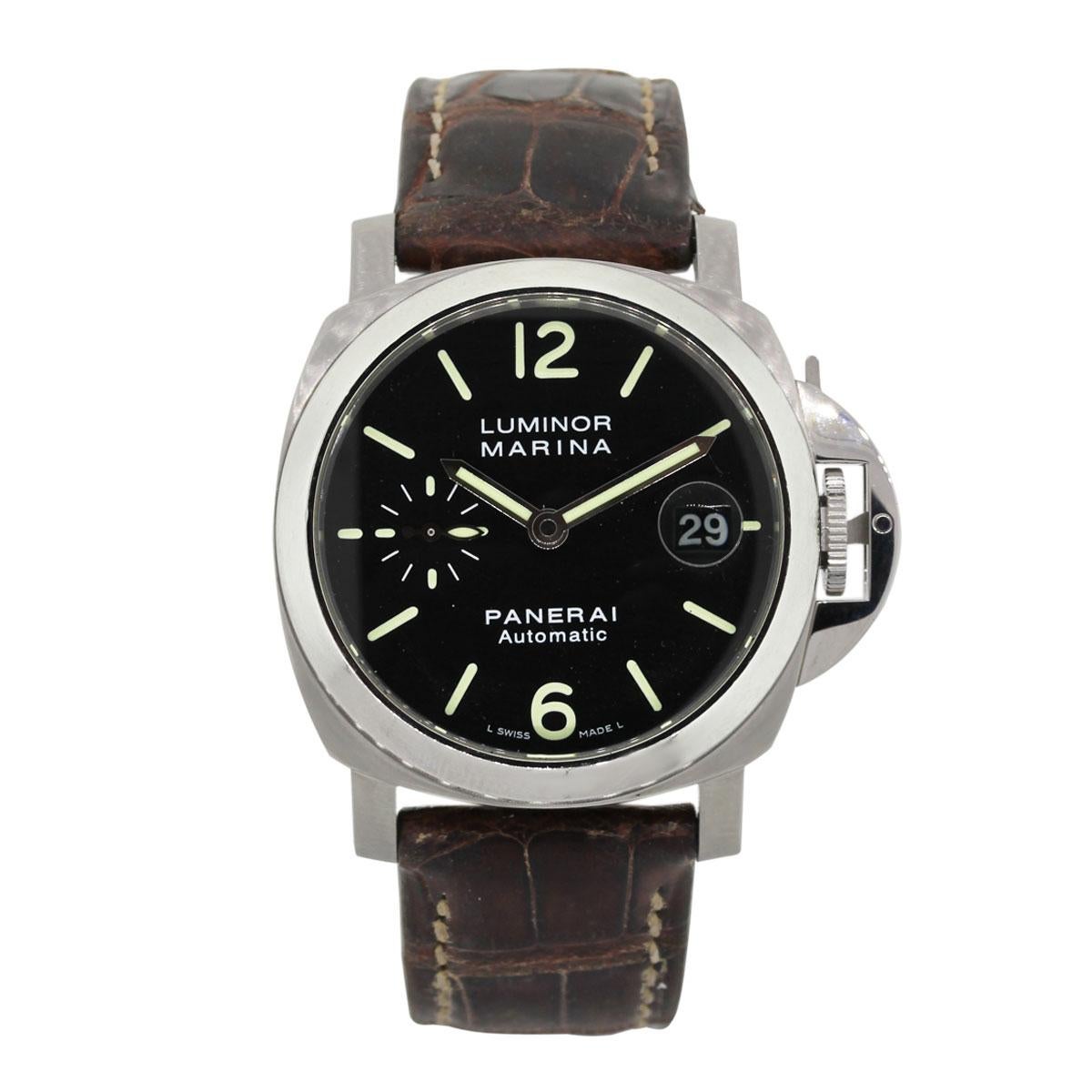 Brand: Panerai
MPN: PAM 104
Case Material: Stainless Steel
Case Diameter: 44mm
Crystal: Sapphire crystal
Bezel: Stainless steel
Dial: Black dial
Bracelet: Brown leather strap (factory)
Size: Will fit a 7.25″ wrist
Clasp: Brushed stainless steel