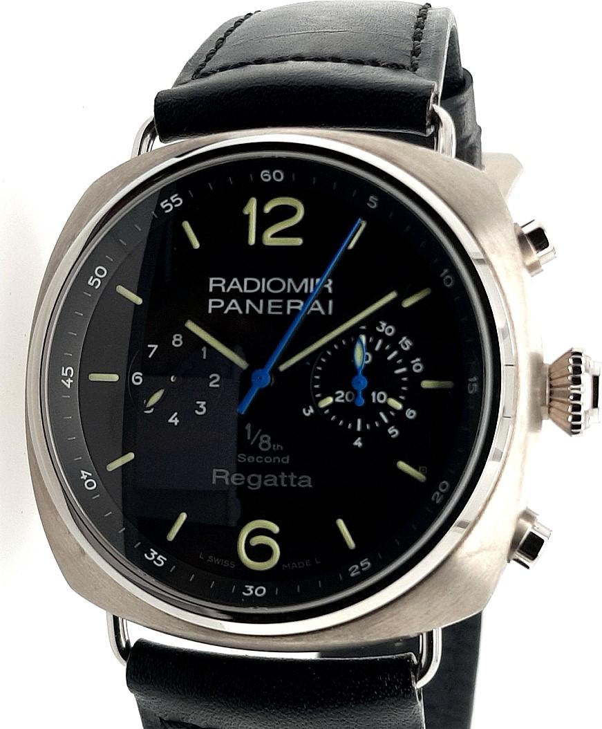 Panerai Pam 384, Radiomir Regatta Limited Titanium Classic Yachts Challenge 2010

Functions: hours, minutes, 1/8th second, chronograph

Case: bezel : polished titanium, case: brushed titanium; sapphire glass, 47 mm diameter. Thickness: 17 mm

Dial: