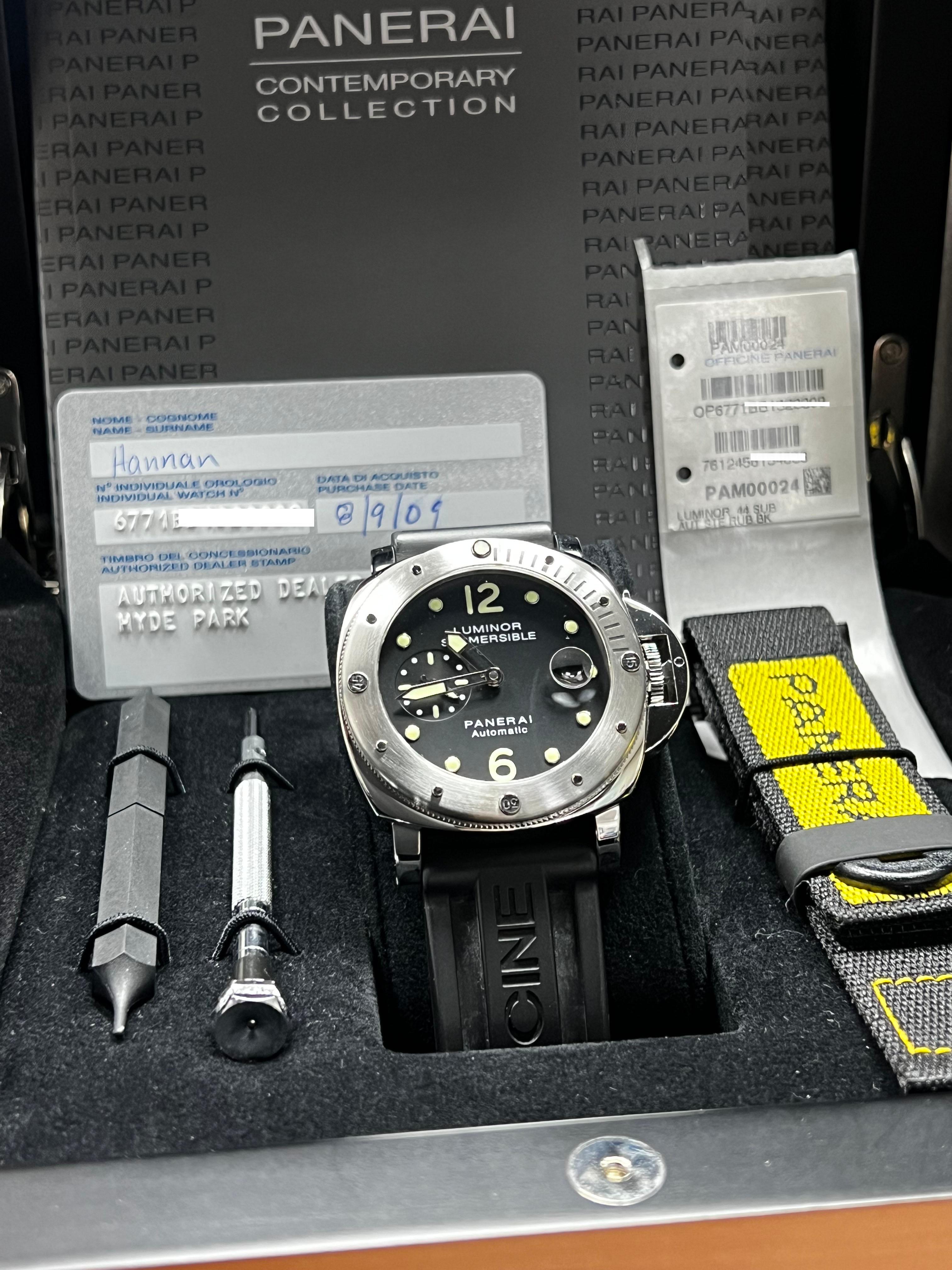 Panerai PAM00024 PAM 24 Luminor Submersible 44mm Acciaio Inox Scatola di Carta In condizioni ottime a San Diego, CA