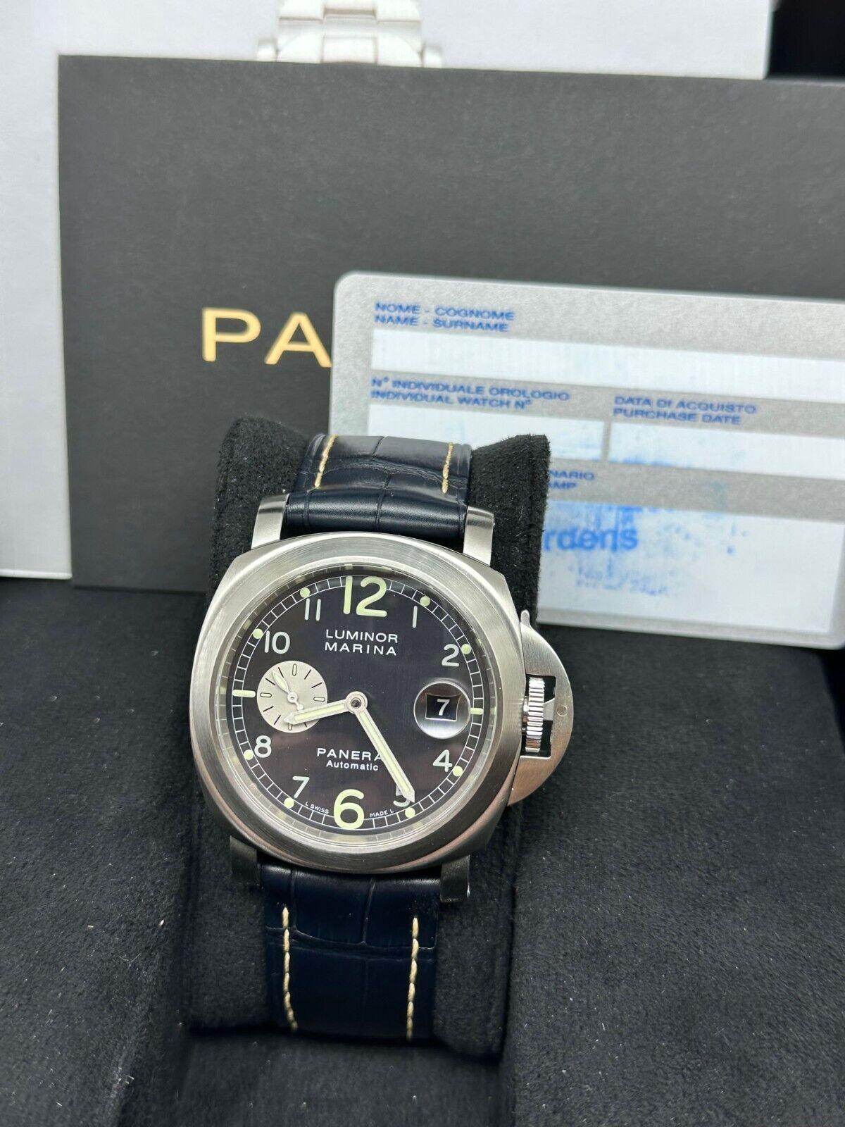 Panerai PAM00086 Pam 86 Luminor Marina Schwarzes Zifferblatt Stahl Lederband Box Papier im Angebot 1