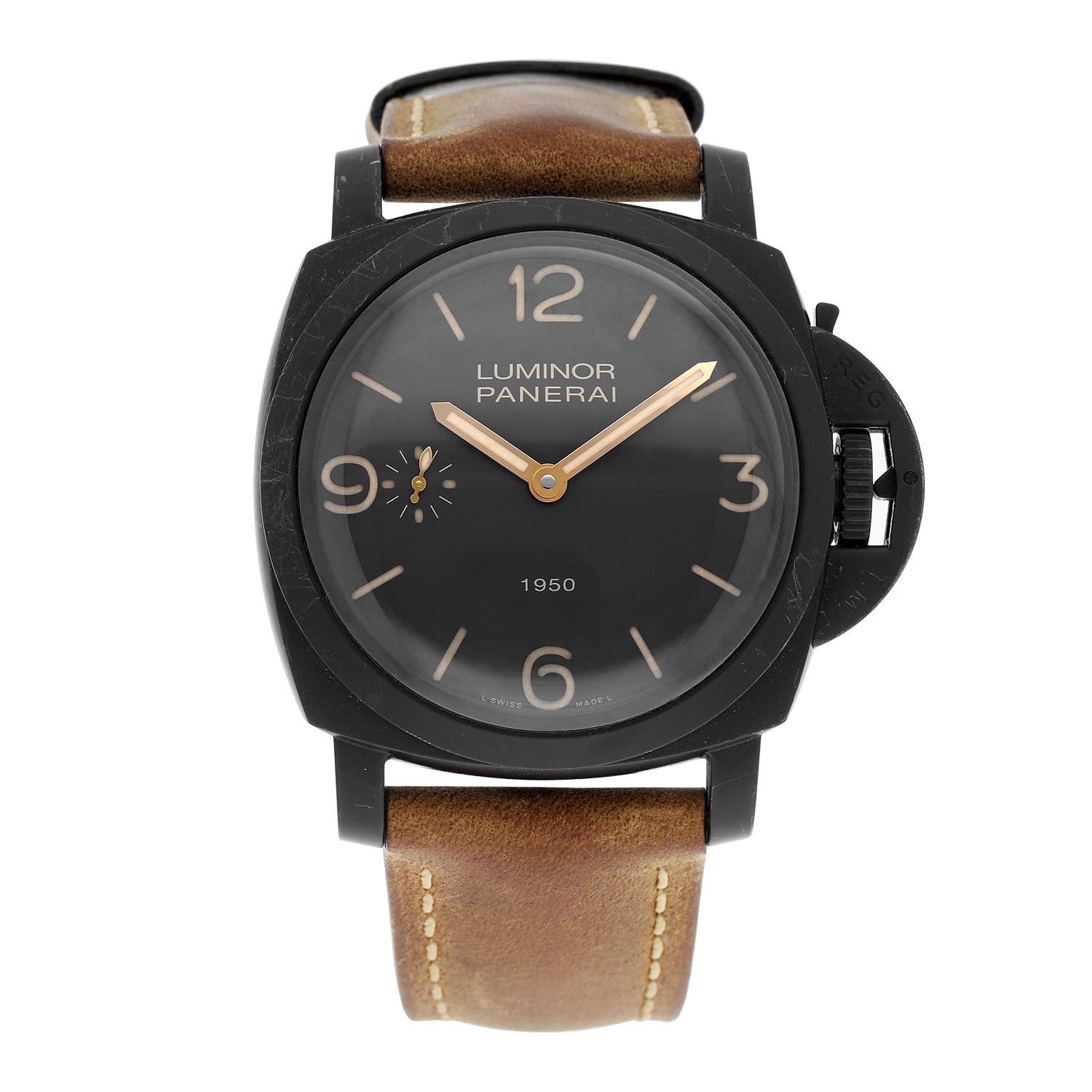 The Panerai PAM00375 is a men's watch that is part of a limited collection from Officine Panerai. Only 2,000 of these watches were created. The watch has a 47mm composite case, a fixed bezel, and a brown dial covered by a scratch resistant sapphire