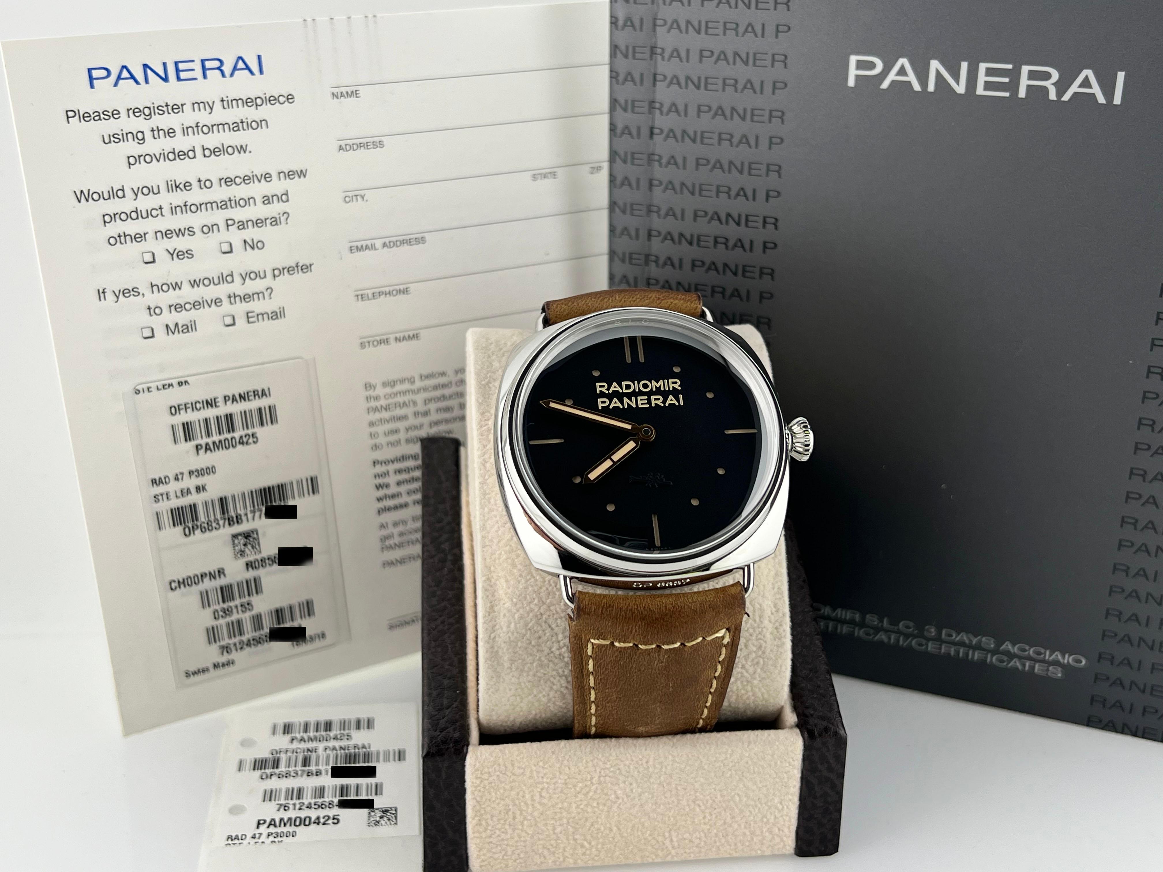 Número de estilo: PAM00425

De serie: BB177****

Año: 2012 - 2023

Model No: Panerai Radiomir 3 Días SLC

Material de la caja: Acero inoxidable

Correa: Piel marrón

Bisel: Acero inoxidable

Esfera: Negra 

Cara: Cristal de zafiro

Tamaño de la