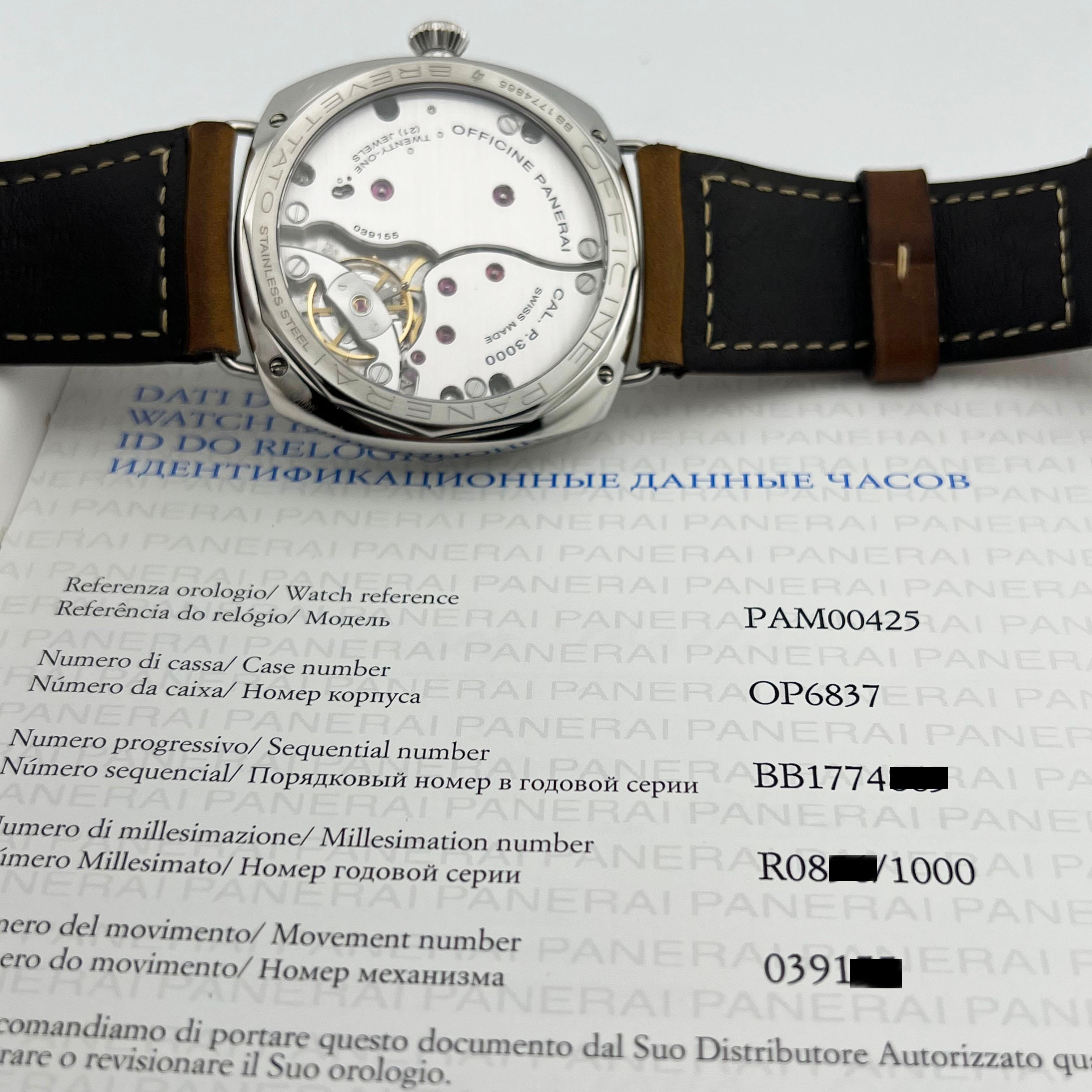 Panerai PAM00425 Radiomir 3 Días S.L.C. Acero inoxidable Correa de piel 47mm en Excelente estado para la venta en San Diego, CA