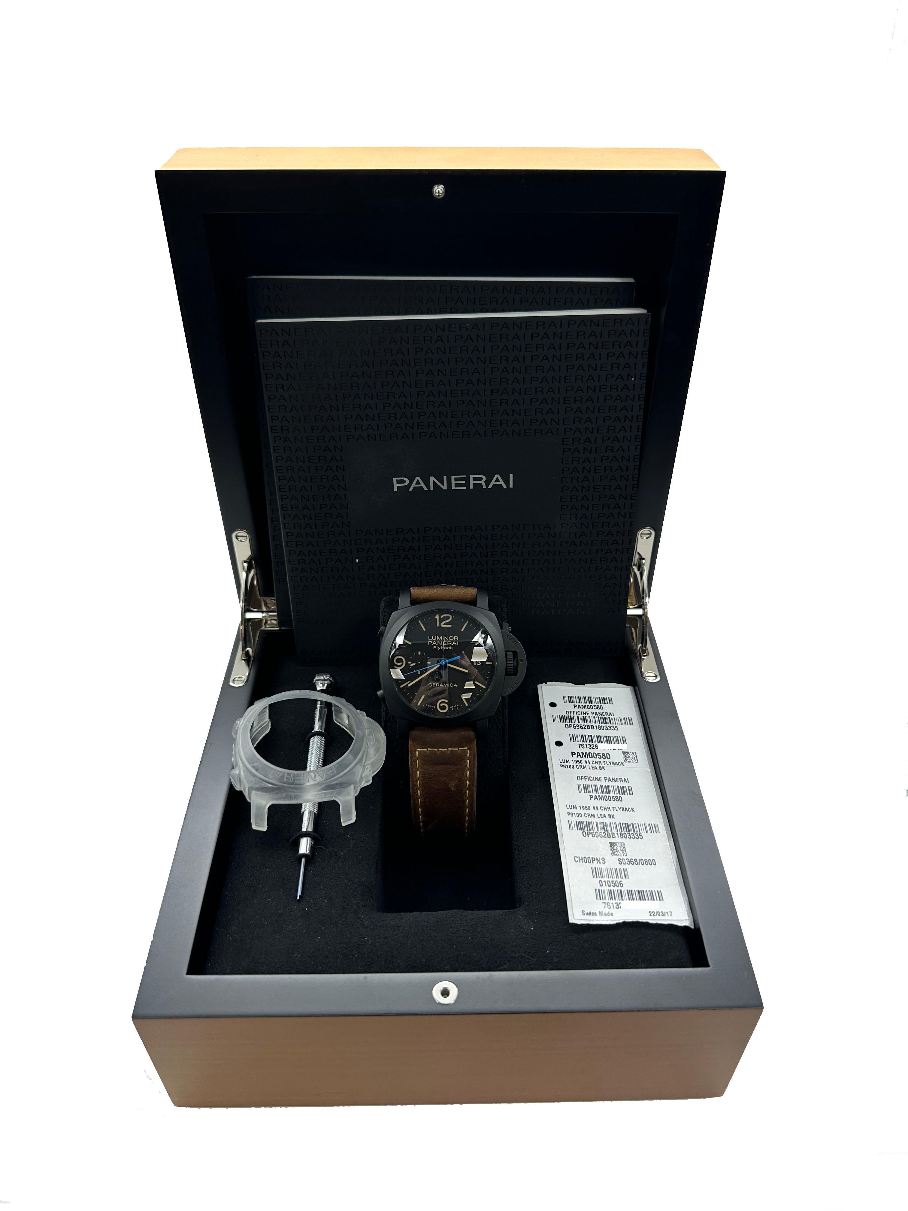 Style Number:  PAM00580 / PAM 580
Year: 2017
Model: Luminor Chrono Flyback 
Case Material: Black Ceramic 
Band: Brown Leather 
Bezel:  Ceramic 
Dial: Black
Face: Sapphire Crystal 
Case Size: 44mm 
Includes: 
-Panerai Box & Paper
-Certified Appraisal