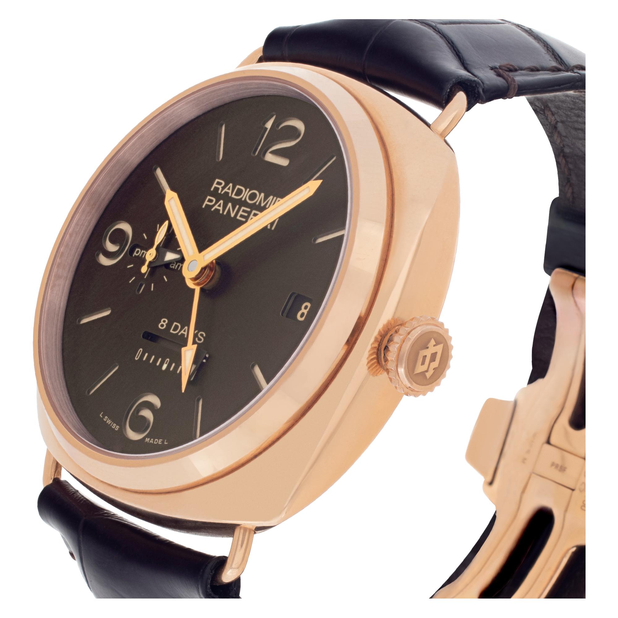 Panerai Radiomir 8 Days in 18k rose gold with brown alligator strap and 18k rose gold deployant buckle.. Manual w/ subseconds, date and day night. 45 mm case size. With box and papers. Ref PAM395. Circa 2013. Fine Pre-owned Panerai Watch.

Certified