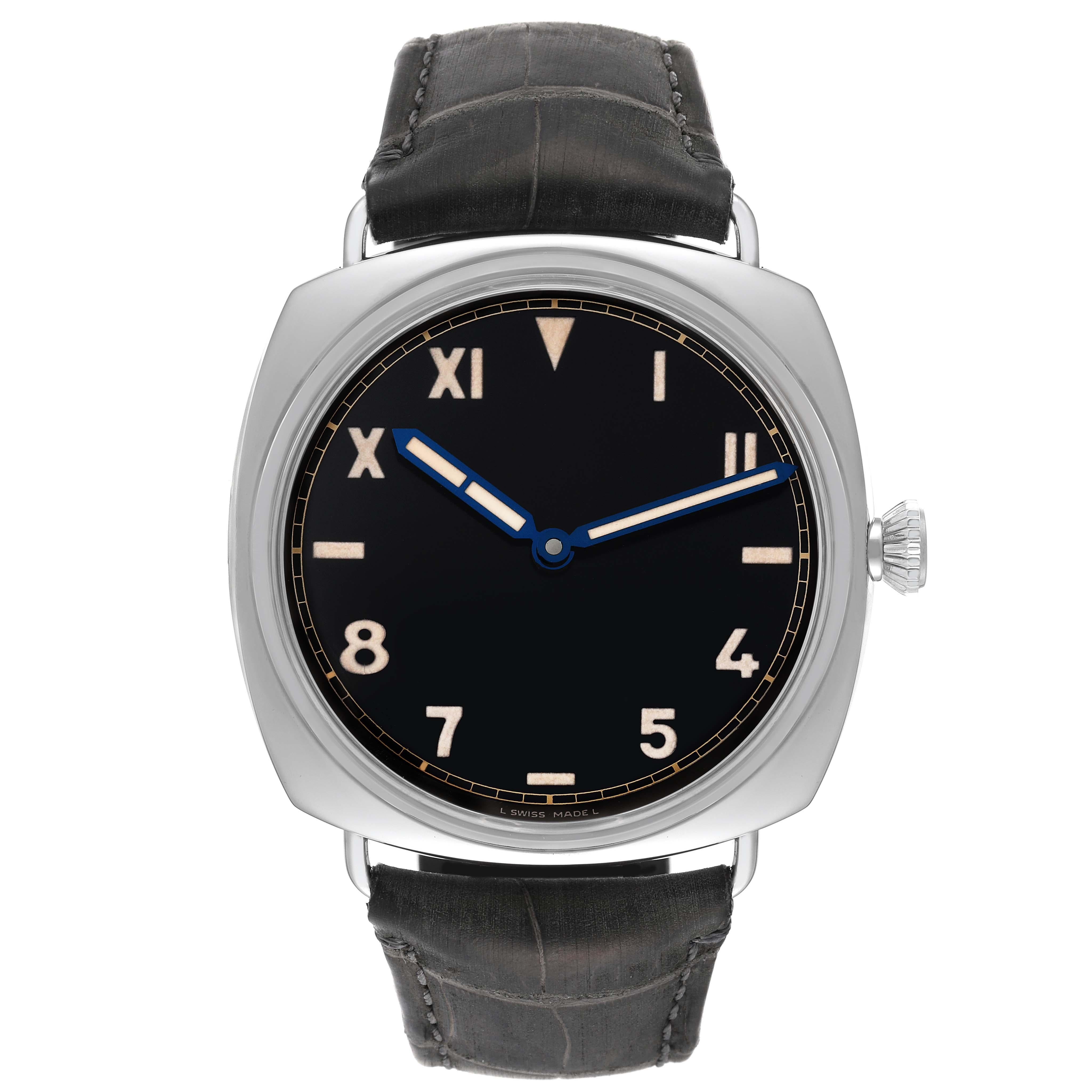 Panerai Radiomir 1936 Brevettato Black Dial Steel Mens Watch PAM00249. Manual winding movement. Two part cushion shaped stainless steel case 47mm in diameter. Exhibition transparent sapphire crystal case back. Polished stainless steel sloped bezel.