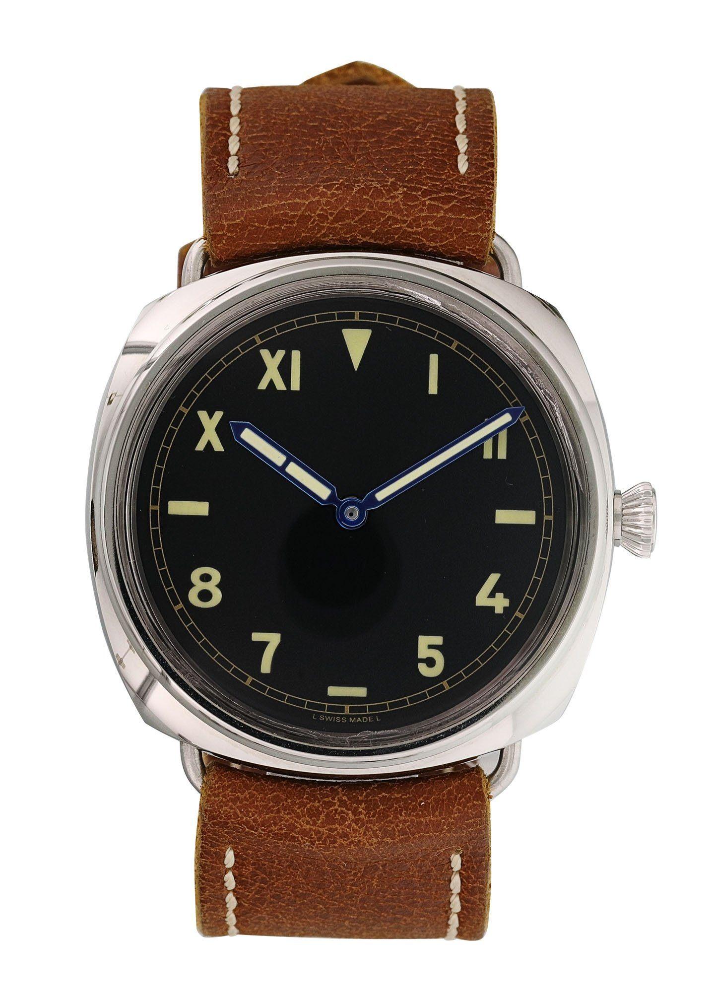 Panerai Radiomir 1936 California Dial PAM00349 Men's Watch.
47mm Stainless Steel case. 
Stainless Steel smooth bezel. 
Black California dial. Minute markers on the outer dial. 
Date display at the 3 o'clock position. 
Leather Strap with Buckle.