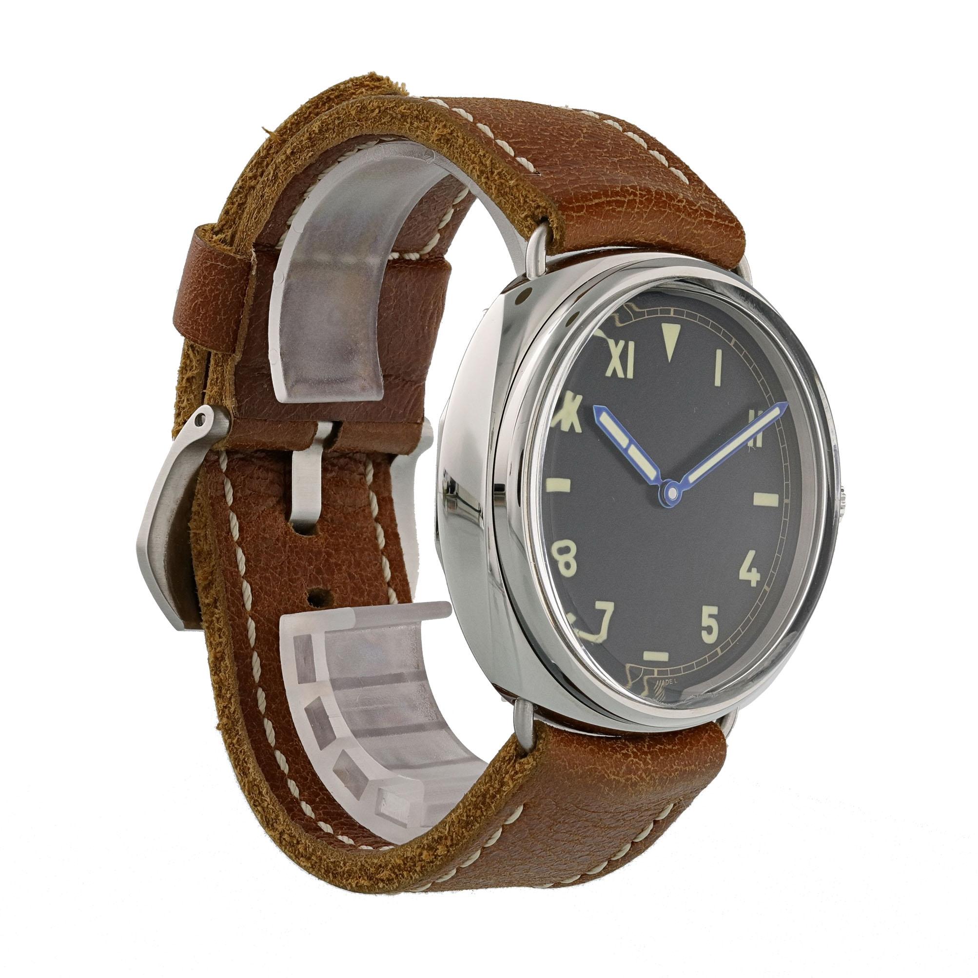 Panerai Radiomir 1936 California Dial PAM00349 Men's Watch.
47mm Stainless Steel case. 
Stainless Steel smooth bezel. 
Black California dial. Minute markers on the outer dial. 
Date display at the 3 o'clock position. 
Leather Strap with Buckle.
