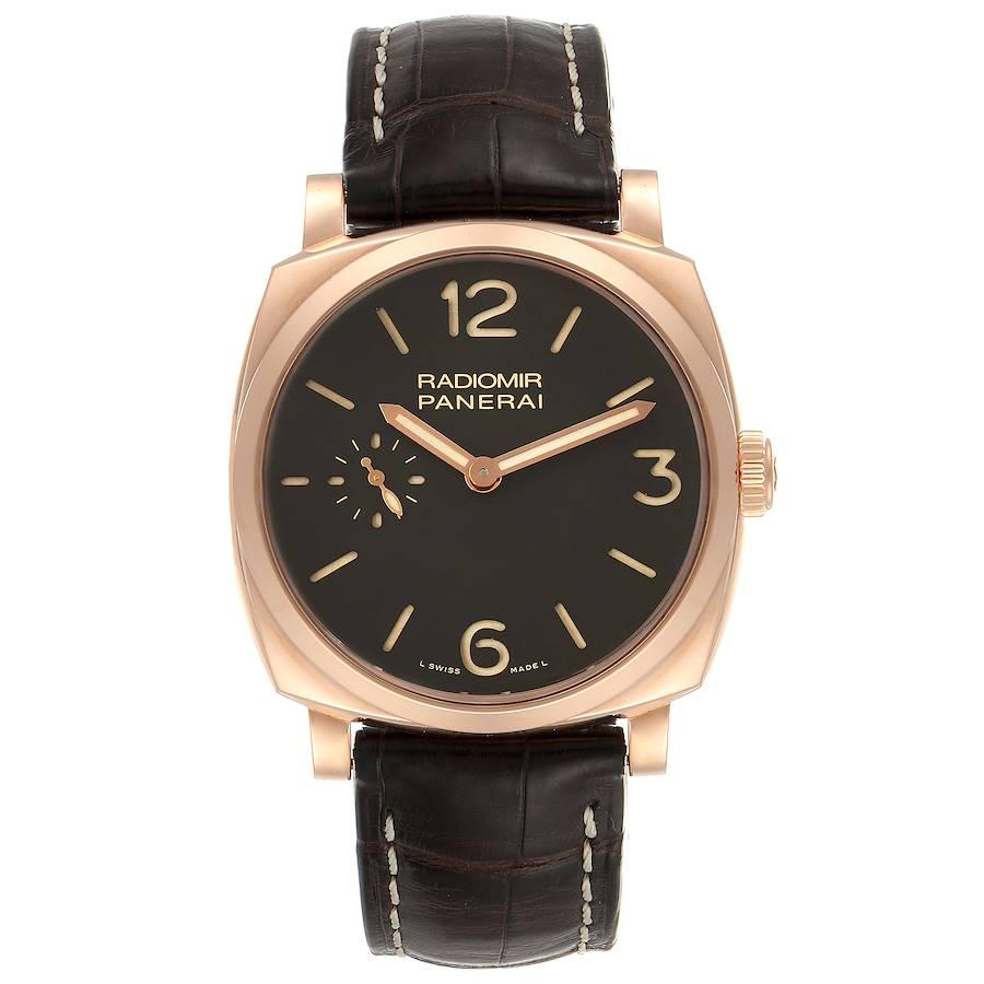 Panerai Radiomir 1940 42mm Rose Gold Mens Watch PAM00513 Box Papers. Manual winding movement. Two part cushion rose gold case 42.0 mm in diameter. Case thickness 11 mm . Exhibition transparrent sapphire crystal caseback. 18k Rose gold sloped bezel.