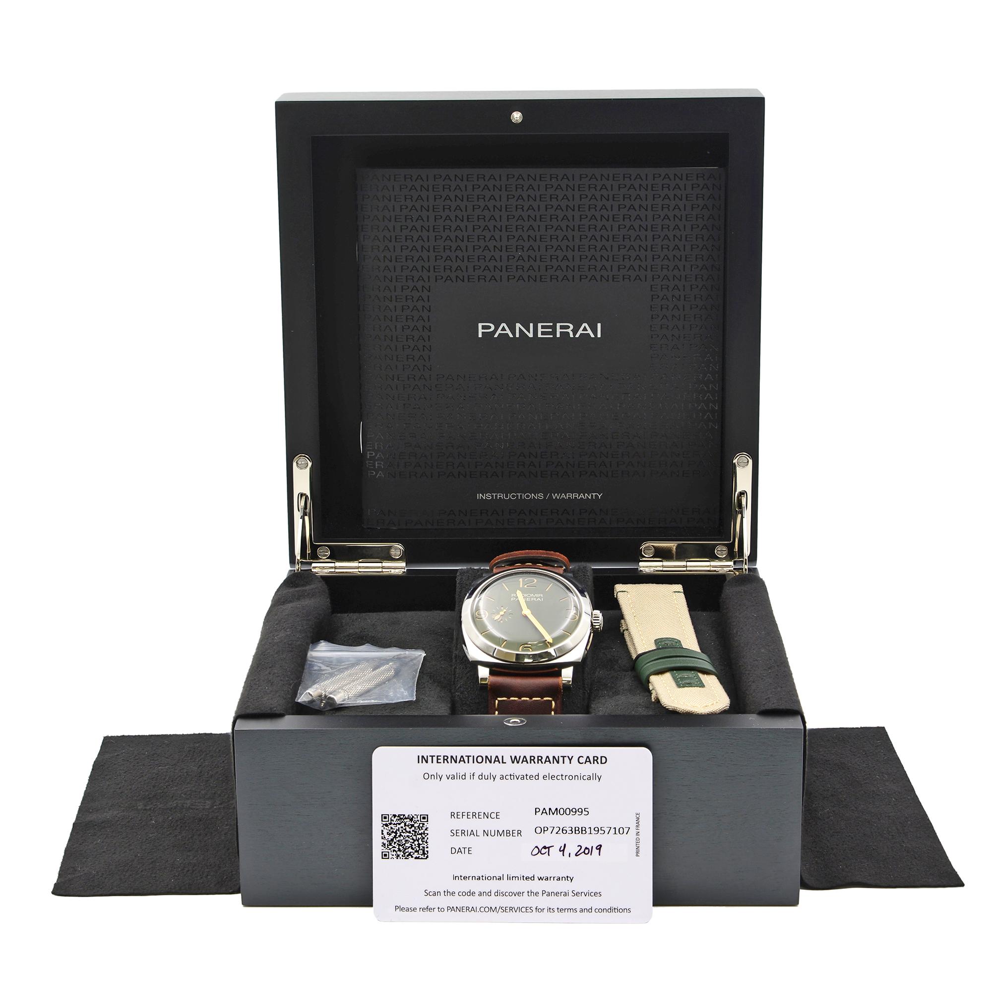 Panerai Radiomir 1940 Steel Leather Green Dial Automatic Men's Watch PAM00995 In Good Condition In New York, NY
