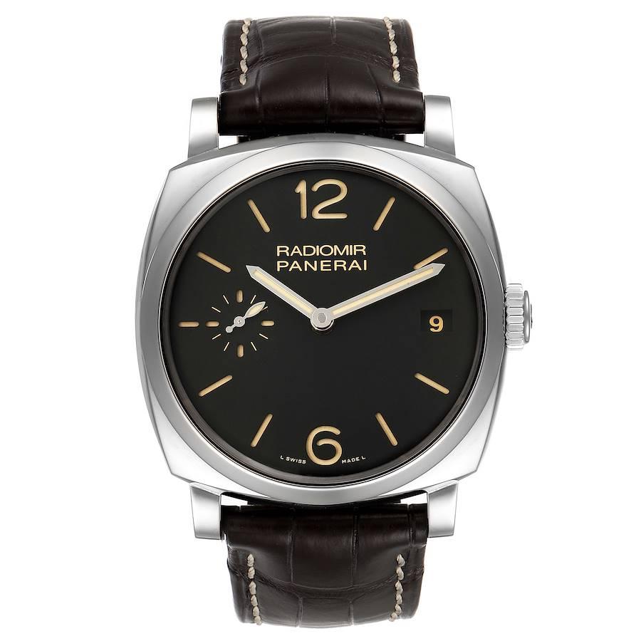 Panerai Radiomir 1940 Black Dial 3 Days 47mm Steel Watch PAM00514 Box Papers. Manual winding movement. Two part cushion shaped polished stainless steel case 47.0 mm in diameter. Case thickness 13.7 mm. Exhibition sapphire crystal caseback. Stainless