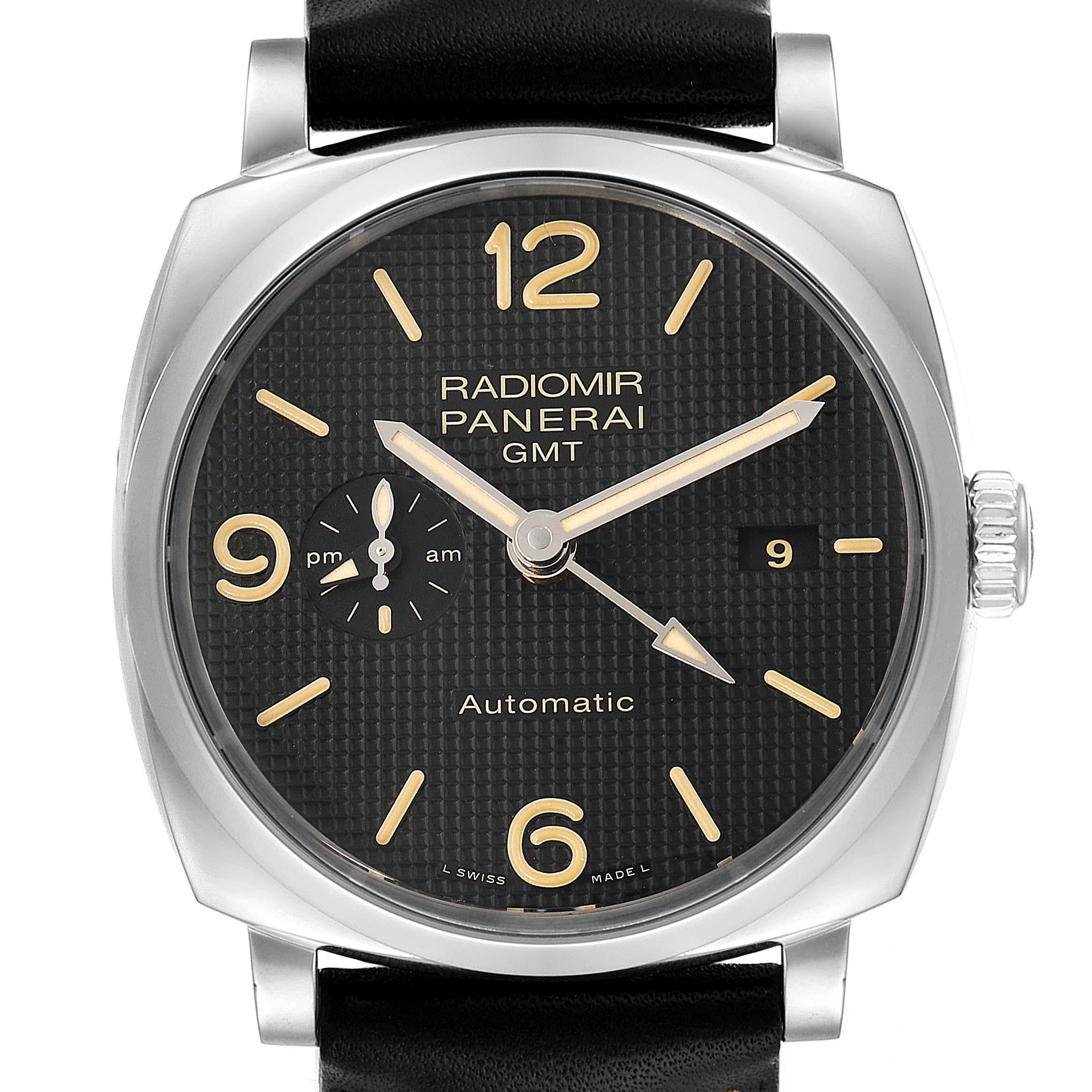 Panerai Radiomir 1940 Black Dial 45mm Steel Mens Watch PAM00627. Automatic self-winding movement. Caliber P.4001. Stainless steel cushion shaped case 45.0 mm in diameter. Exhibition sapphire crystal caseback. Stainless steel sloped bezel. Scratch