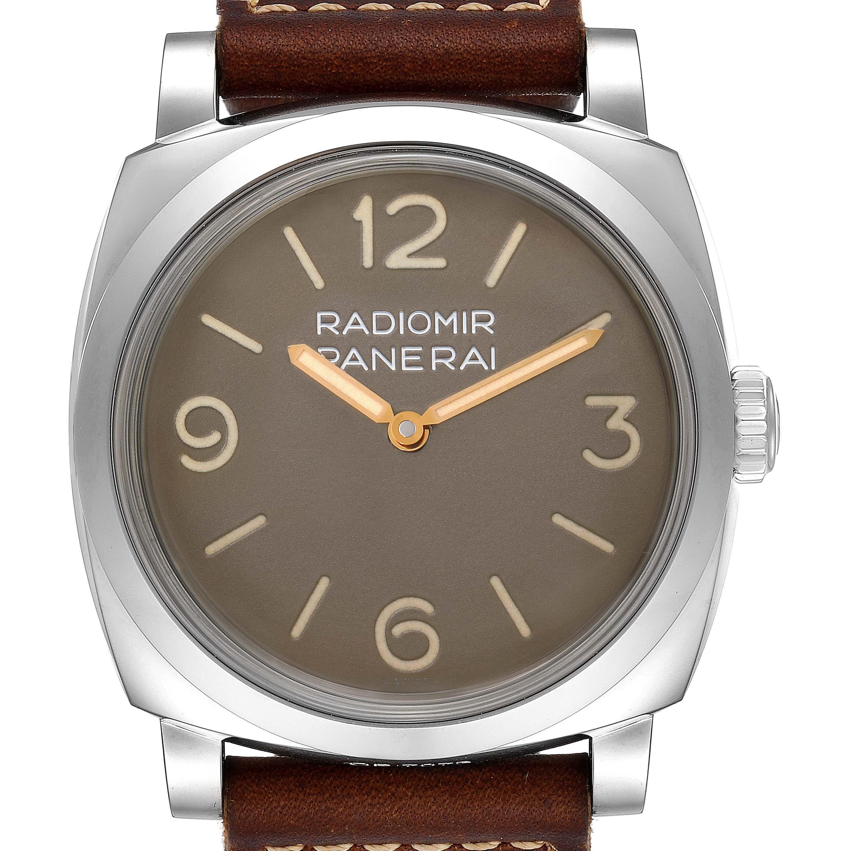 Panerai Radiomir 1940 47mm Brown Dial Steel Mens Watch PAM00662 Unworn. Manual-winding movement. Two part cushion shaped stainless steel case 47.0 mm in diameter. Exhibition transparent sapphire crystal caseback. Stainless steel sloped bezel.