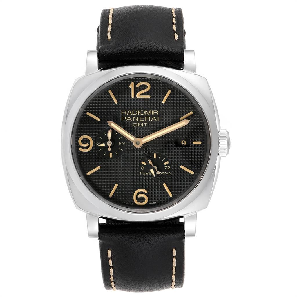 Panerai Radiomir 1940 GMT Power Reserve Mens Watch PAM00628 Box Papers. Automatic self-winding movement. Caliber P.4002. Stainless steel cushion shaped case 45.0 mm in diameter. Exhibition sapphire crystal caseback. Stainless steel sloped bezel.