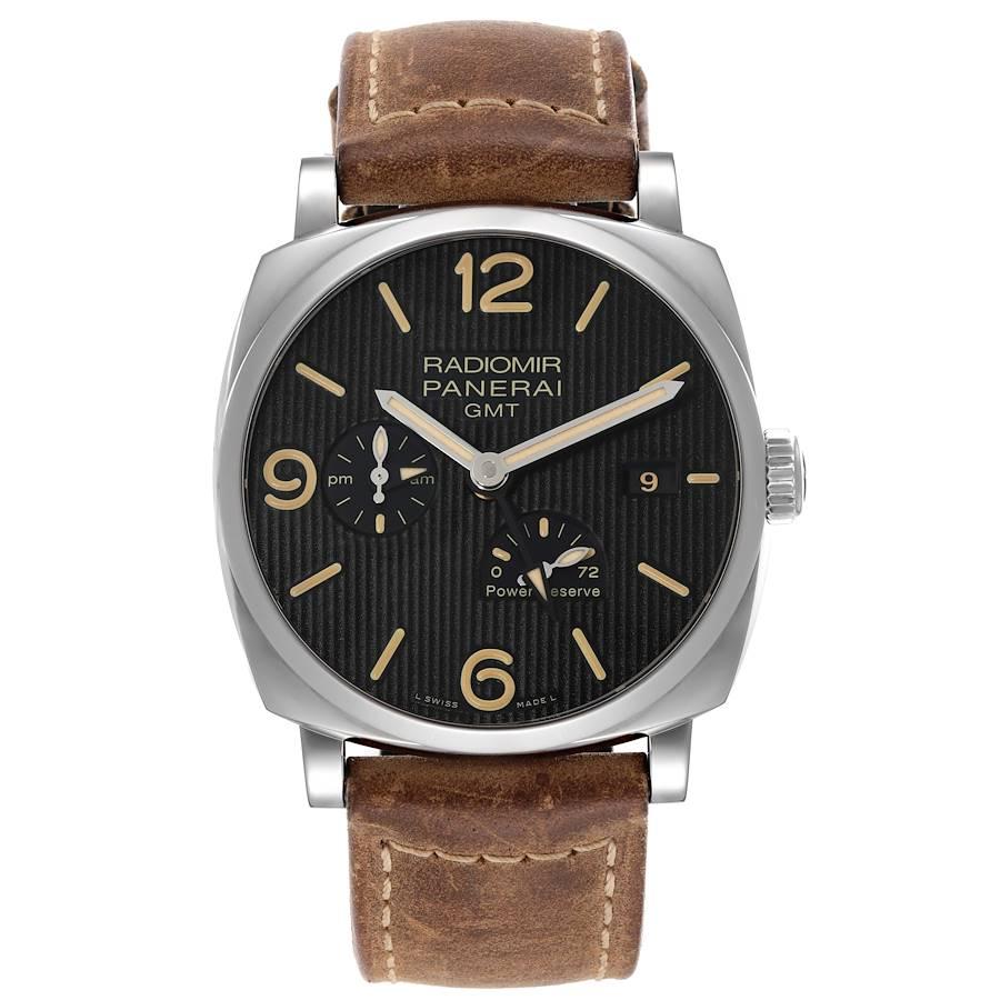 Panerai Radiomir 1940 GMT Power Reserve Steel Mens Watch PAM00658 Box Papers. Automatic self-winding movement. Caliber P.4002. Stainless steel cushion shaped case 45.0 mm in diameter. Exhibition sapphire crystal caseback. Stainless steel sloped