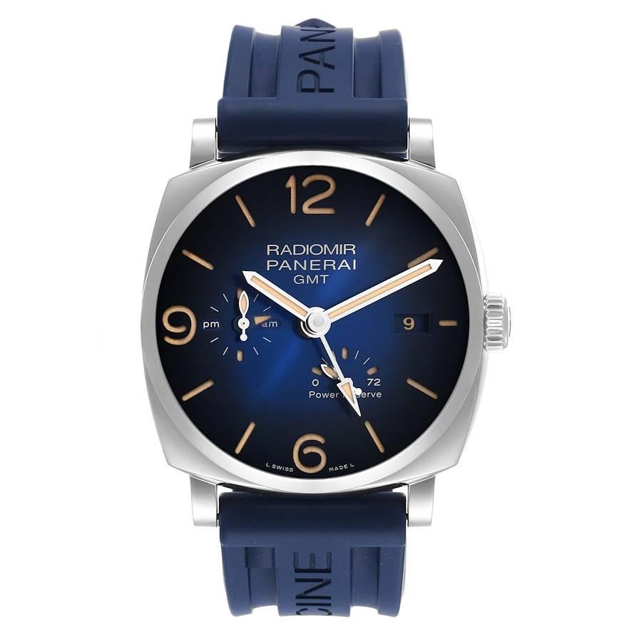 Panerai Radiomir 1940 GMT Power Reserve Steel Mens Watch PAM00946 Box Papers. Automatic self-winding movement. Caliber P.4002. Stainless steel cushion shaped case 45.0 mm in diameter. Exhibition sapphire crystal caseback. Stainless steel sloped