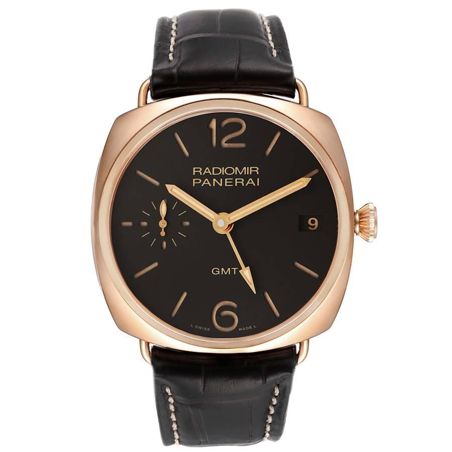 Panerai Radiomir 3 Days 1940 GMT 18k Rose Gold Mens Watch PAM00421. Manual winding movement. Caliber P.3001. 21 Jewels. GMT function. 18k Rose gold cushion shaped case 47.0 mm in diameter. Exhibition sapphire crystal caseback. 18k rose gold sloped