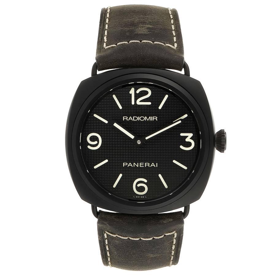 Panerai Radiomir 45mm Black Seal Ceramic Mens Watch PAM00643 Box Papers. Manual-winding movement. Cushion shaped black seal ceramic 45.0 mm in diameter. Black seal ceramic sloped bezel. Scratch resistant sapphire crystal. Black hobnail paris dial