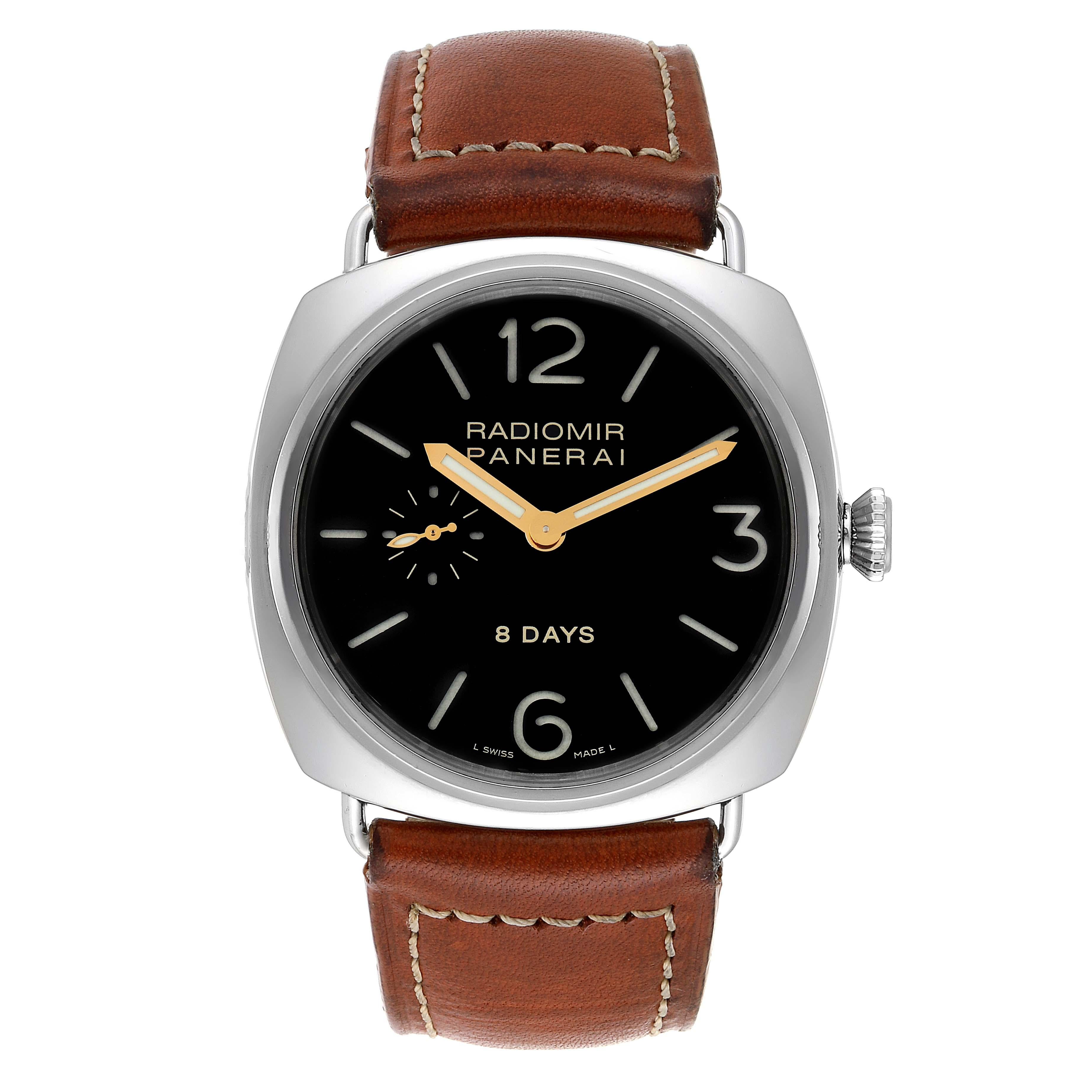 Panerai Radiomir 8 Days 45mm Steel Mens Watch PAM190 PAM00190. Manual winding movement. Two part cushion shaped polished stainless steel case 45.0 mm in diameter. Case thickness 15.2 mm . Exhibition sapphire crystal caseback. Stainless steel sloped