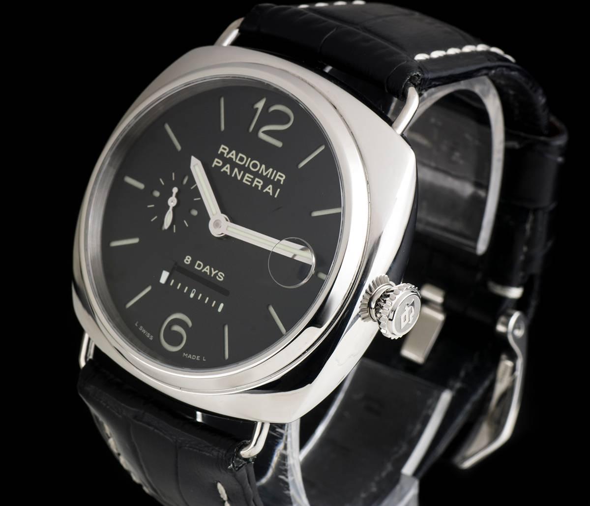A Stainless Steel Radiomir 8 Days Gents Wristwatch, black dial with hour markers and arabic numbers 6 and 12, date at 3 0'clock, 8 day power reserve between 5 and 7 0'clock, small seconds at 9 0'clock, a fixed stainless steel bezel, a black leather