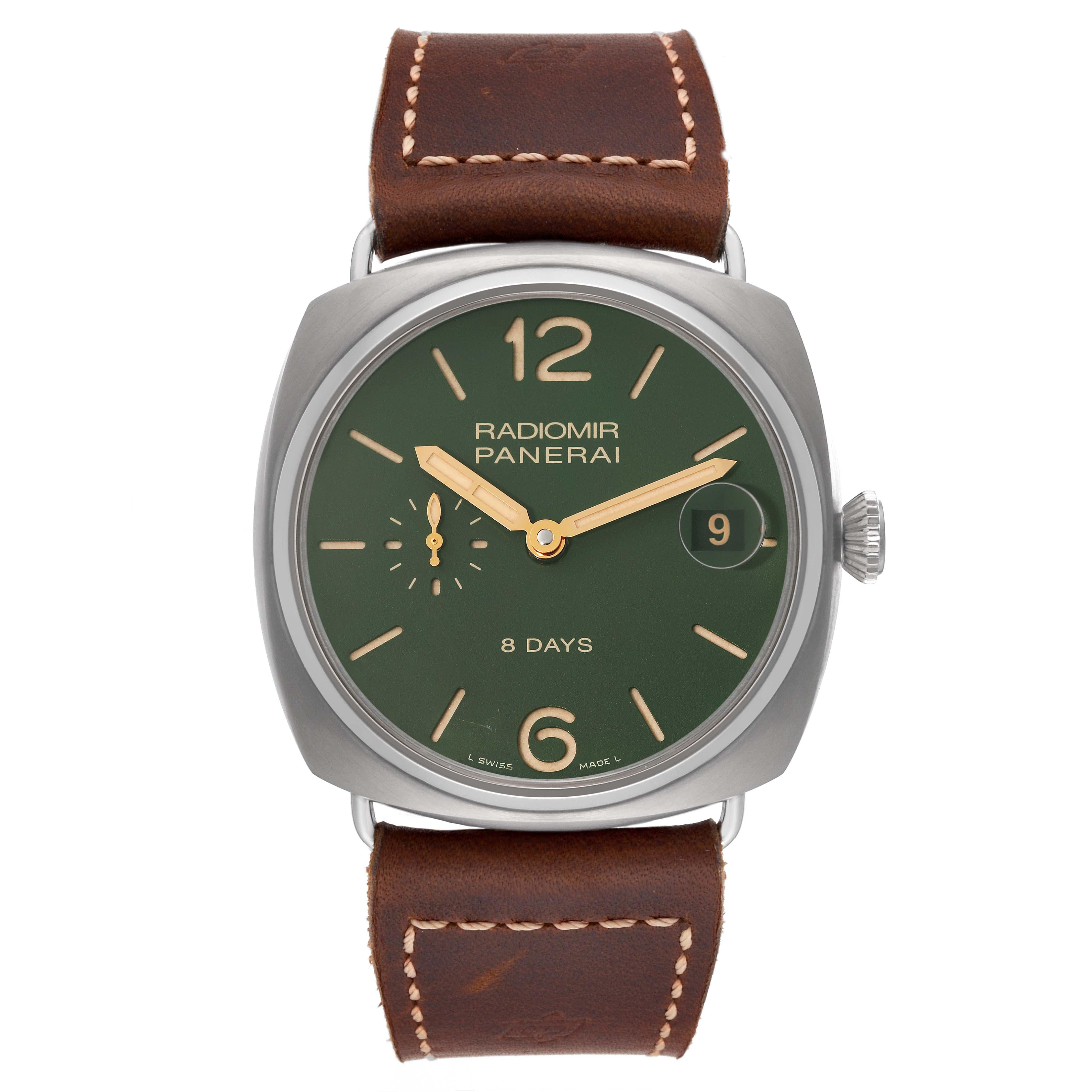 Panerai Radiomir 8 Days Green Dial Titanium Mens Watch PAM00735 Box Papers. Manual winding movement. Two part cushion shaped titanium case 45.0 mm in diameter. Case thickness 15.6 mm. Transparent exhibition sapphire crystal caseback. Titanium sloped