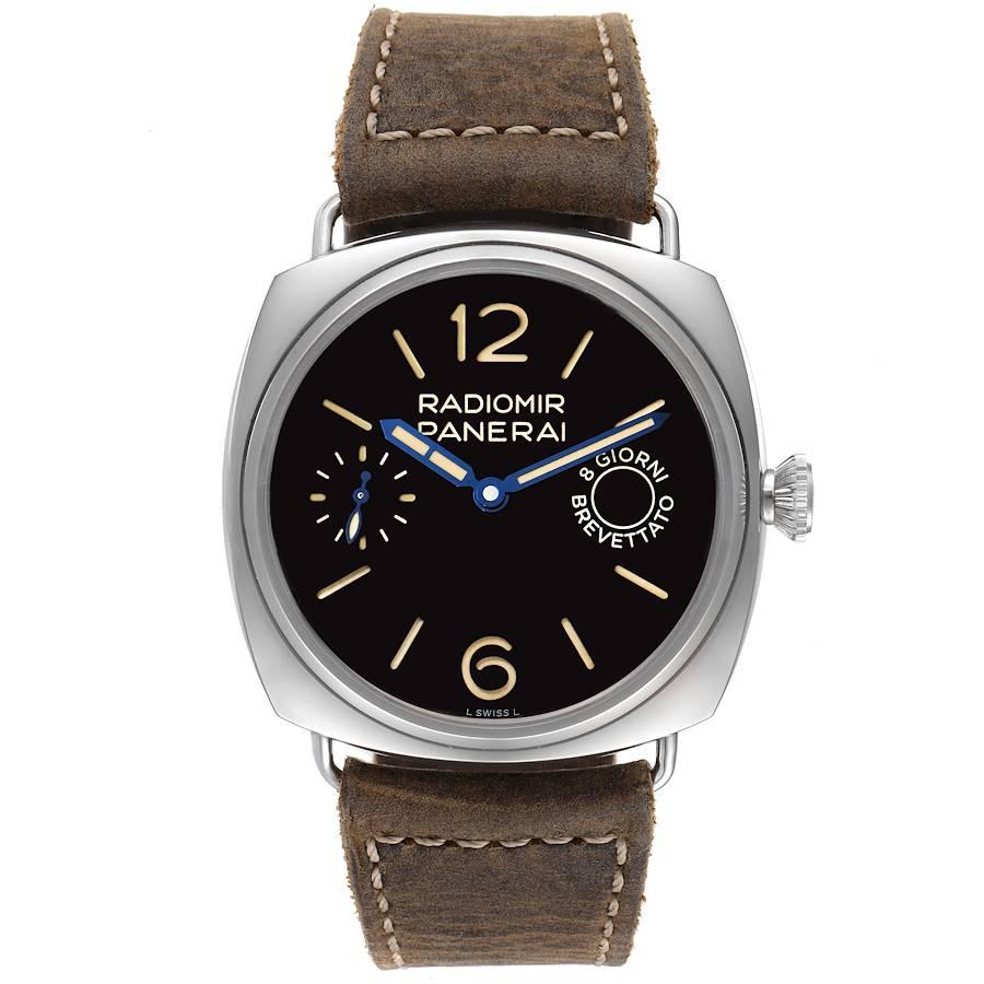 Panerai Radiomir 8 Days Otto Giorni Steel Mens Watch PAM00992 Box Card. Manual-winding movement. Cushion stainless steel case 45.0 mm in diameter. Exhibition Transparent sapphire crystal case back. stainless steel sloped bezel. Scratch resistant