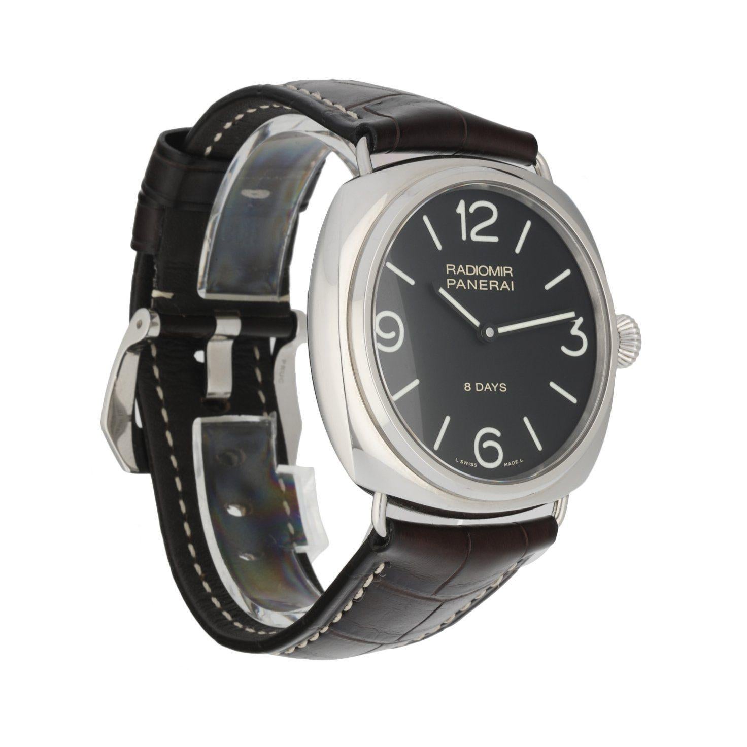 Panerai Radiomir 8 Days Pam00610 men's watch. 45MM stainless steel case with smooth bezel. Black dial with luminous hands and Arabic numeral & Index hour marker. Brown leather with stainless steel buckle. Will fit up to 8-Inch wrist. Sapphire
