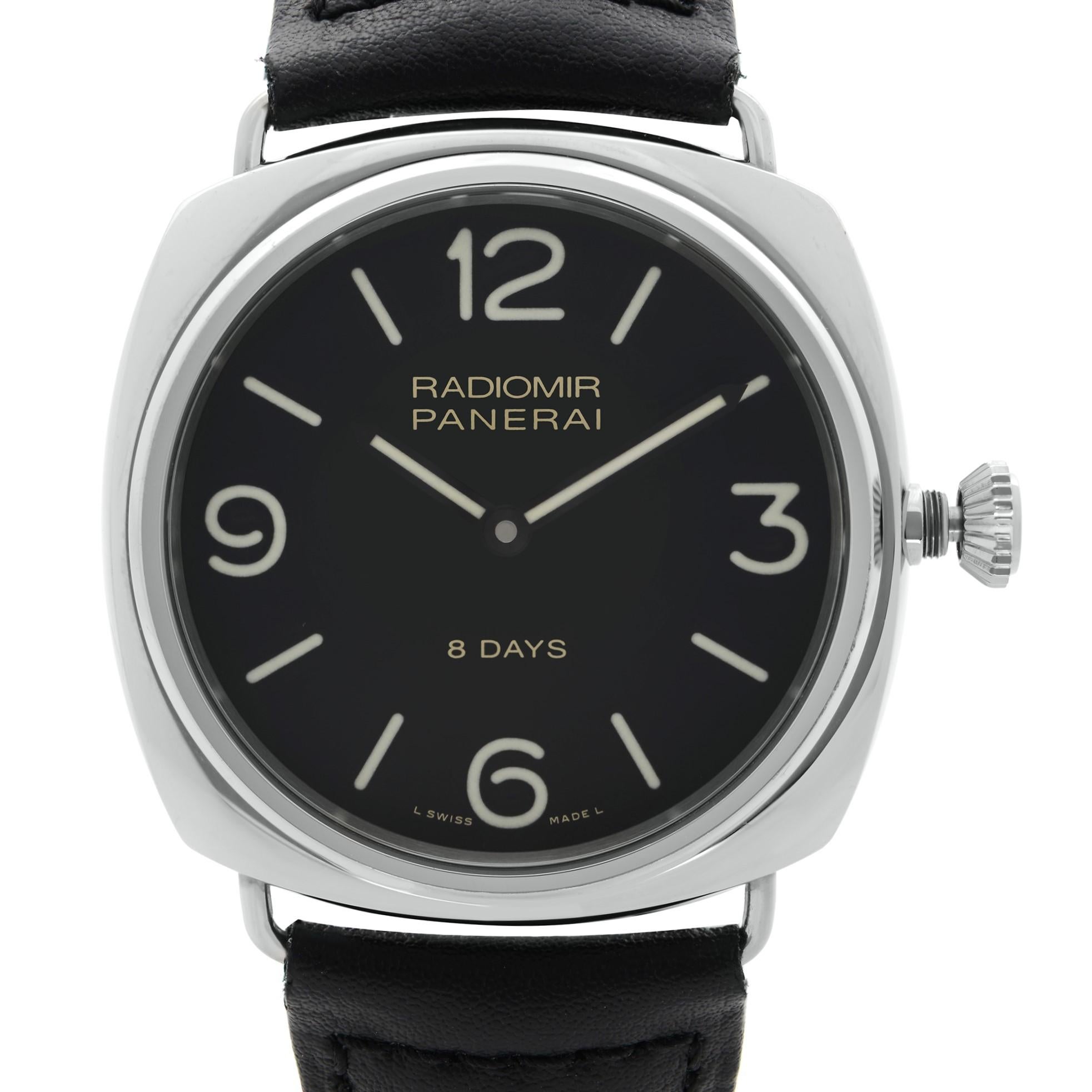 Pre-owned Panerai Radiomir 8 Days Stainless Steel Black Dial Hand Wind Men's Watch PAM00610.  The Watch Band Straps Show Moderate Wrinkles. No Original Box and Papers are Included. Comes with Chronostore Presentation Box and Authenticity Card.