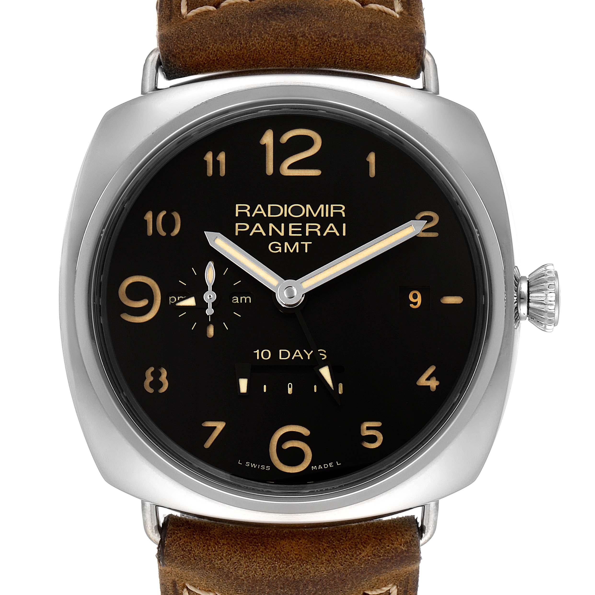 Panerai Radiomir Acciaio 47mm 10 Days GMT Steel Watch PAM00473 Box Papers. Automatic self-winding movement. Two part cushion shaped stainless steel case 47.0 mm in diameter. Polished stainless steel sloped bezel. Scratch resistant sapphire crystal.