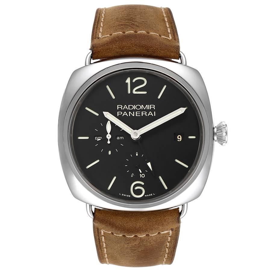 Panerai Radiomir Acciaio 47mm 10 Days GMT Steel Watch PAM00323 Box Papers. Automatic self-winding movement. Two part cushion shaped stainless steel case 47.0 mm in diameter. Exhibition sapphire crystal caseback. Polished stainless steel sloped