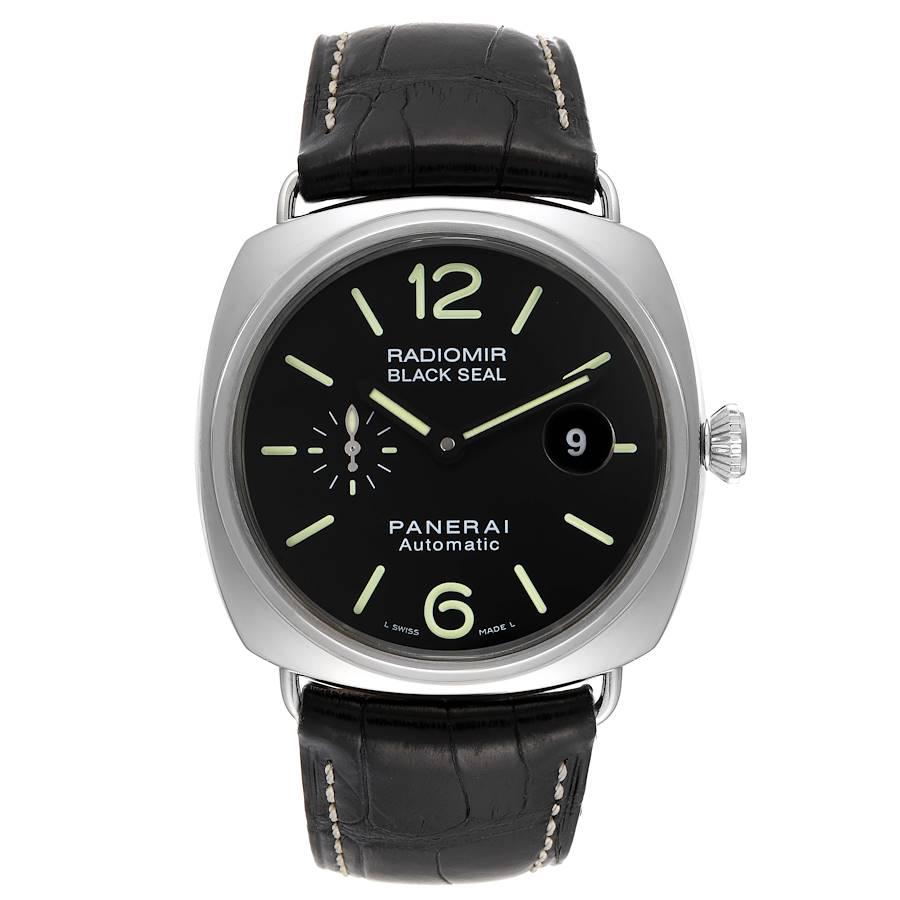 Panerai Radiomir Black Seal Automatic Steel Mens Watch PAM00287 Box Papers. Automatic self-winding movement. Two part cushion shaped polished stainless steel case 45.0 mm in diameter. Stainless steel sloped bezel. Scratch resistant anti-reflective