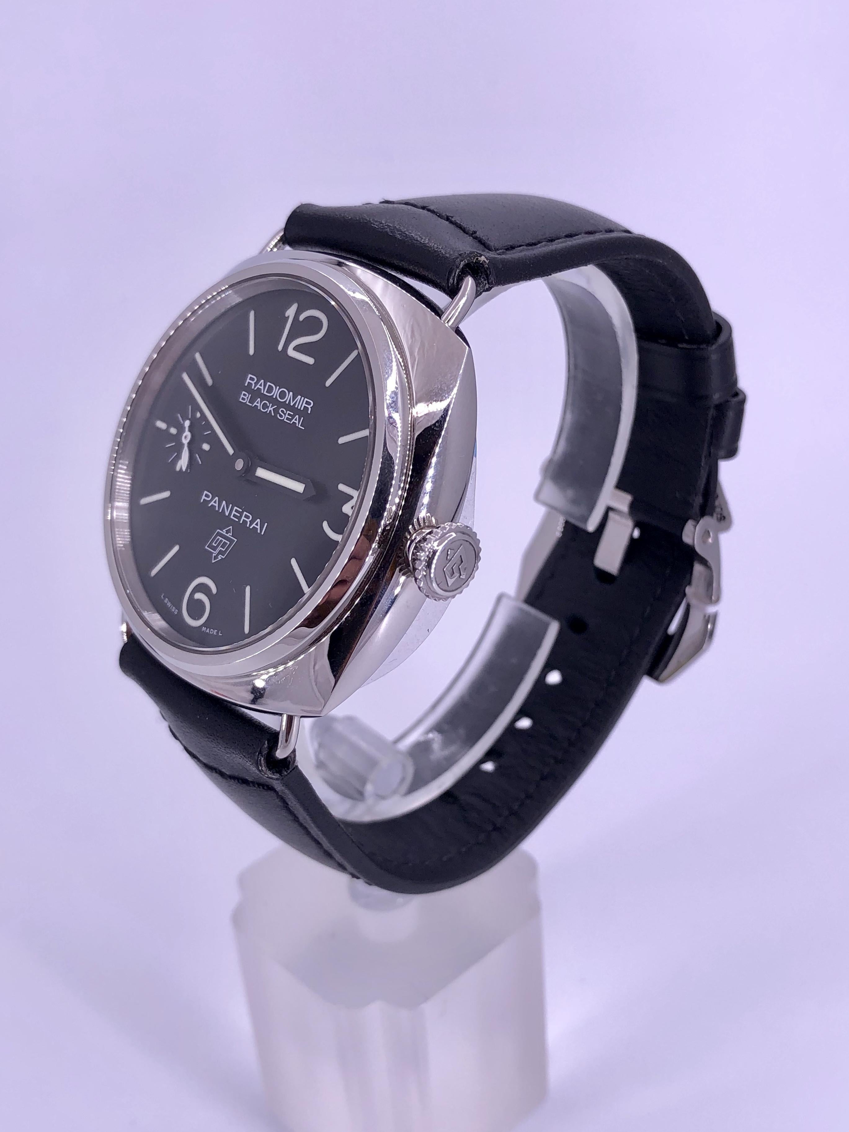 BRAND: Panerai
MODEL: Radiomir Black Seal
REFERENCE: PAM 00380
SIZE: 45mm
CASE: Stainless Steel
DIAL: Black
BAND: Black Leather
MOVEMENT: Manual Winding

Excellent condition beside the scratch on the upper left side of the case.
Box &