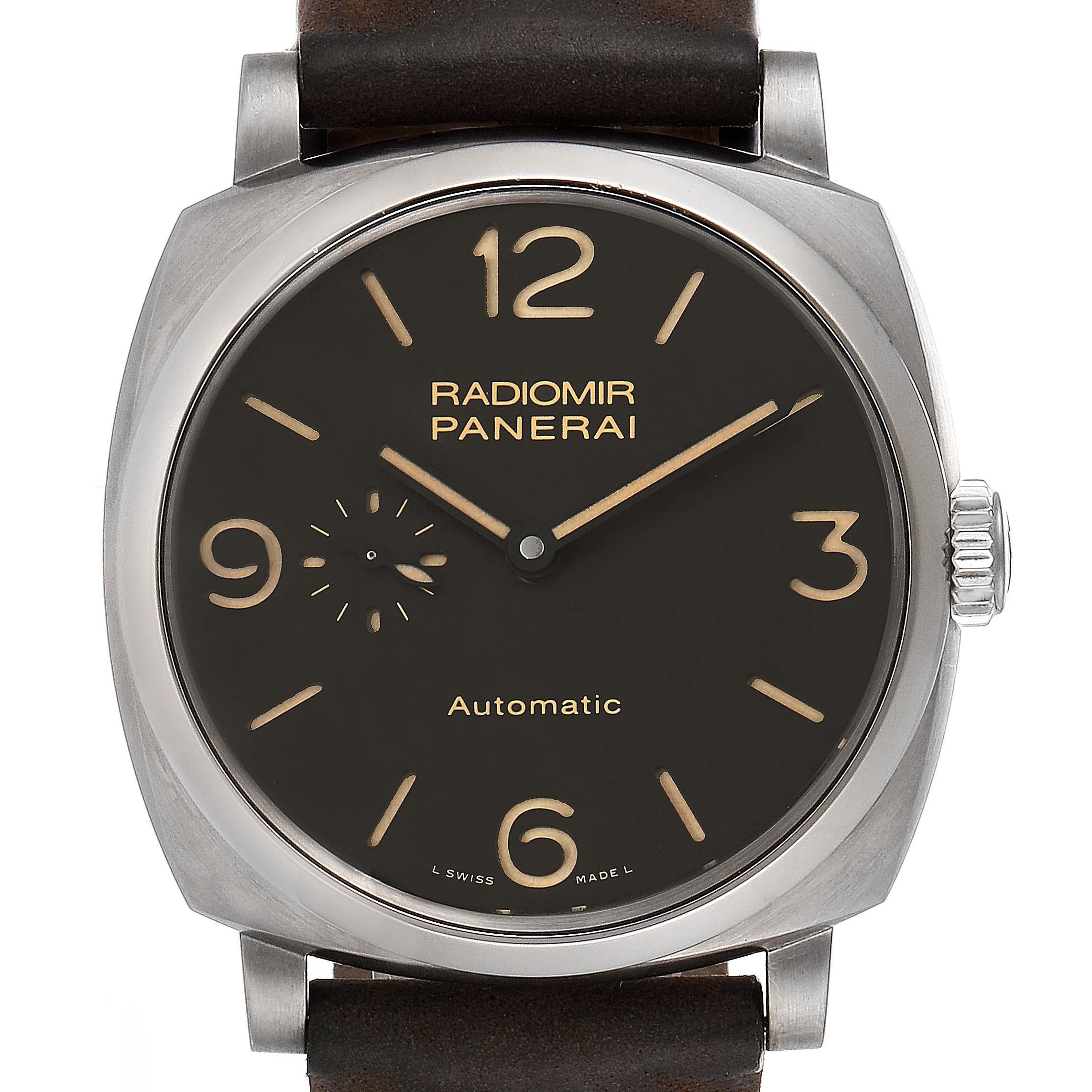 Panerai Radiomir Brown Dial 3 Days 45mm Titanium Watch PAM00619 Box Papers. Automatic self-winding movement. Two part cushion shaped polished titanium case 45.0 mm in diameter. Case thickness 17 mm. Exhibition sapphire crystal caseback. Titanium