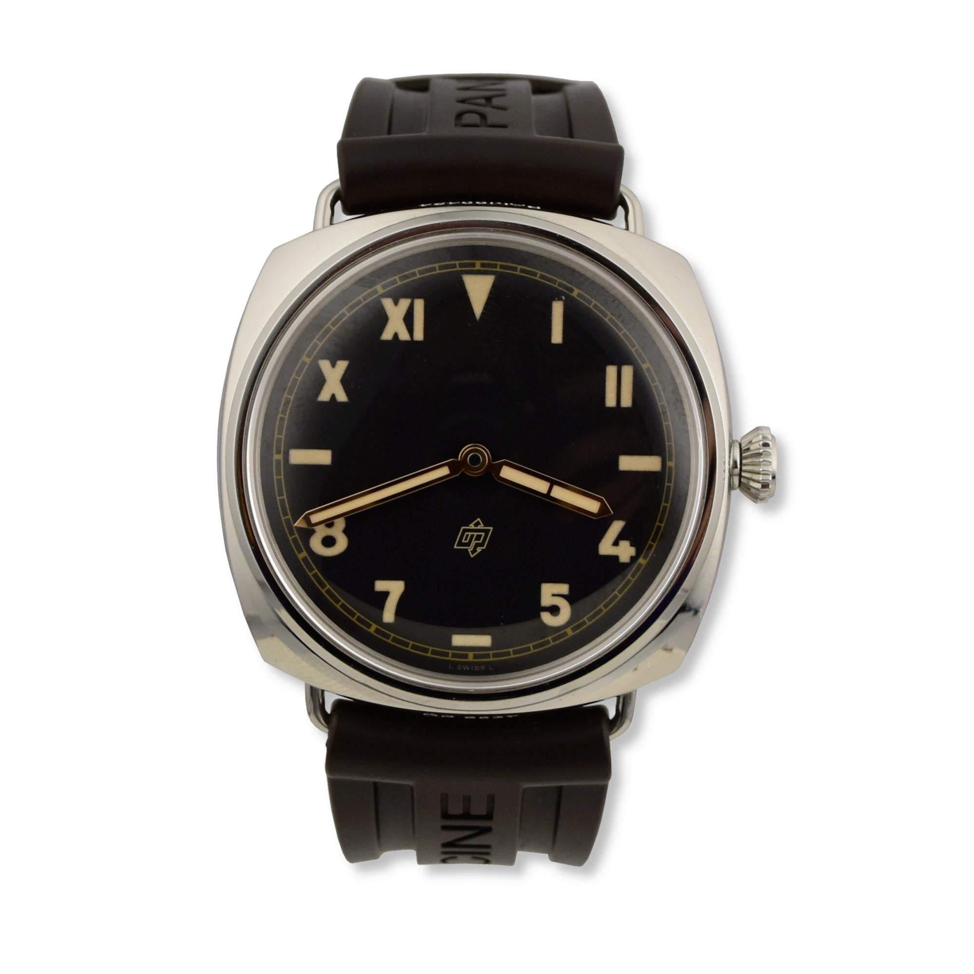 Brand: Panerai 
Model Name: Radiomir California
Model Number:  PAM00424
Movement: Automatic
Case Size: 47 mm
Case Back: Open-worked
Case Material: Stainless Steel
Bezel: Staineless Steel
Dial: Black
Bracelet:  Rubber
Hour Markers: Roman Numerals