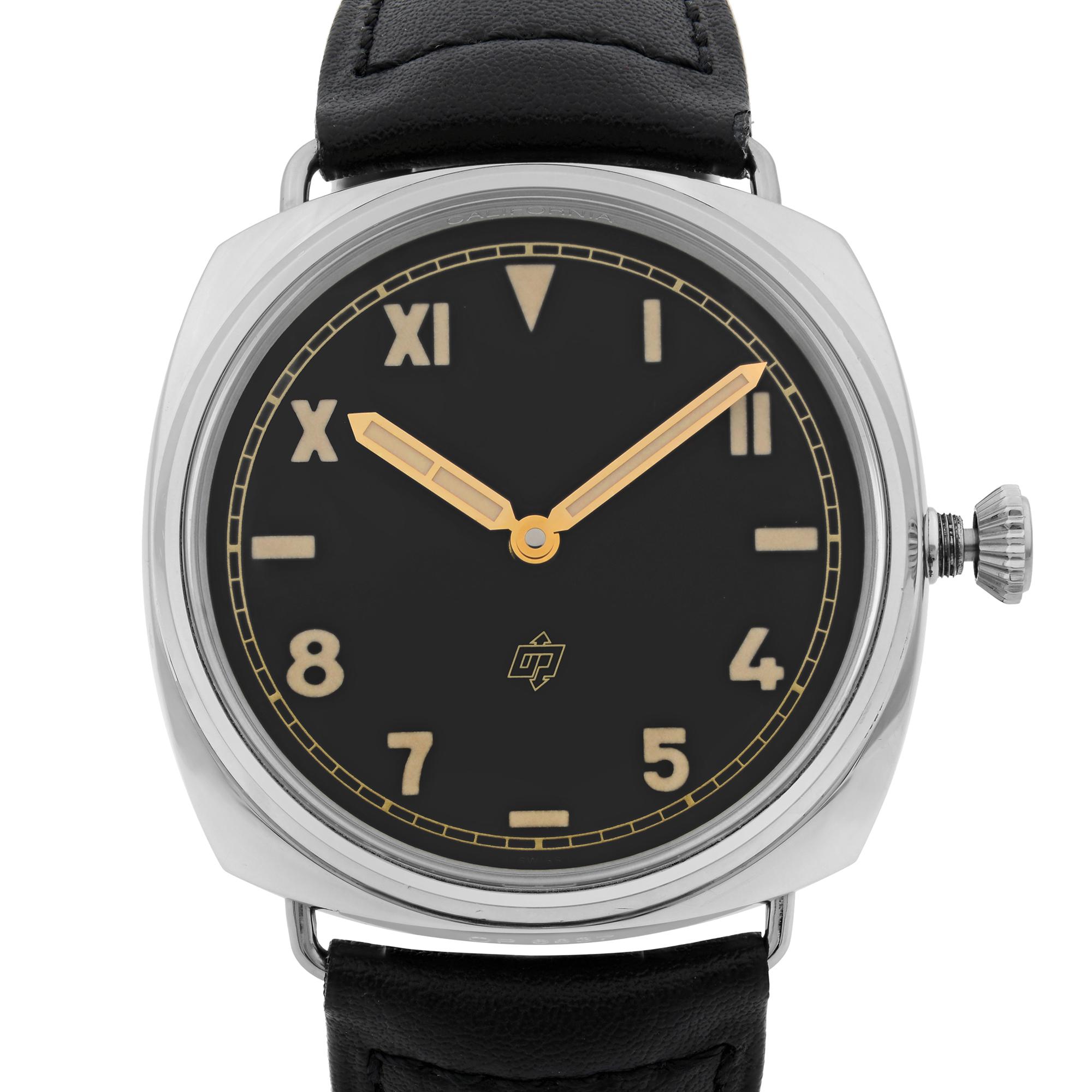 This pre-owned Panerai Radiomir  PAM00424 is a beautiful men's timepiece that is powered by mechanical (hand-winding) movement which is cased in a stainless steel case. It has a round shape face, no features dial and has hand arabic numerals, roman