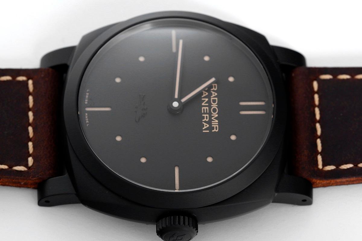 Panerai Radiomir 1940s 3  Ceramica 48mm PAM 577. Manual winding 3 Days power reserve. Black ceramic case with exposition back (48mm). Black dial. Brown strap on Panerai buckle.  Additional black Panerai strap. Unused with Panerai box and papers.