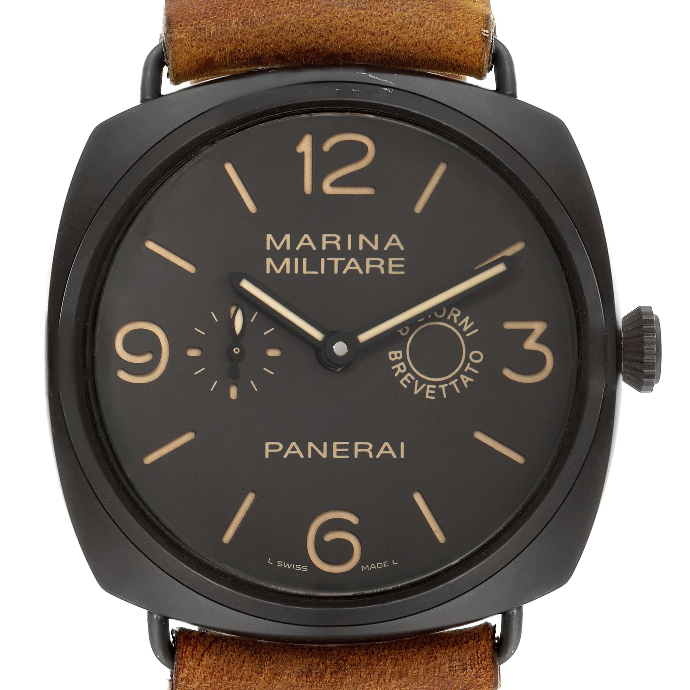 Panerai Radiomir Composite Marina Brown Dial Mens Watch PAM00339 Box Papers. Manual-winding movement. Cushion shaped composite case 47.0 mm in diameter. Black composite sloped bezel. Scratch resistant sapphire crystal. Millitary brown dial with