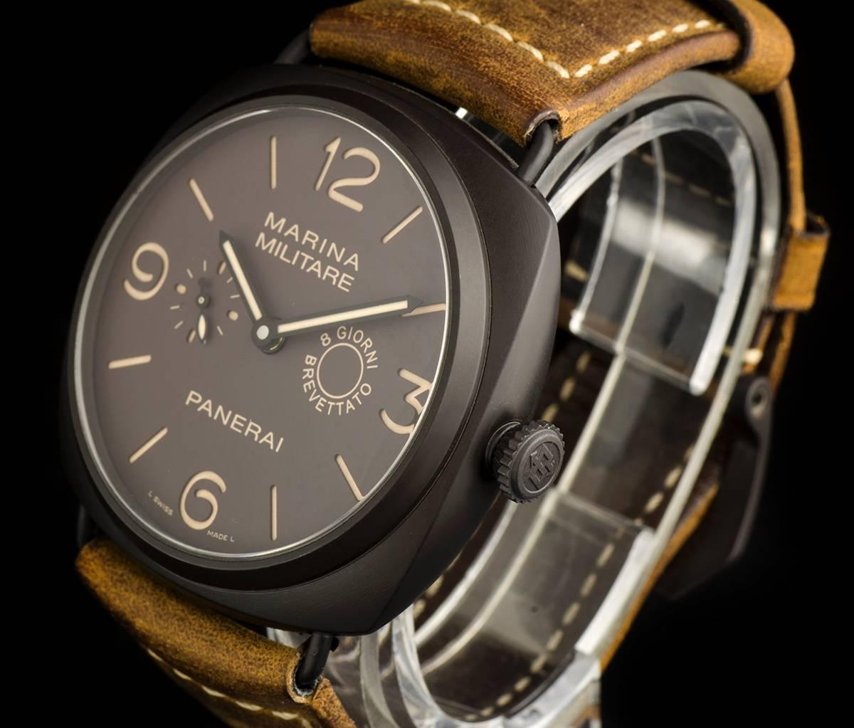 A Composite Radiomir Marina Militare 8 Giorni Gents Wristwatch PAM00339, brown dial with arabic numbers and index batons, small seconds at 9 0'clock, brown leather strap with a composite pin buckle, sapphire glass, manual wind movement, 8 days power