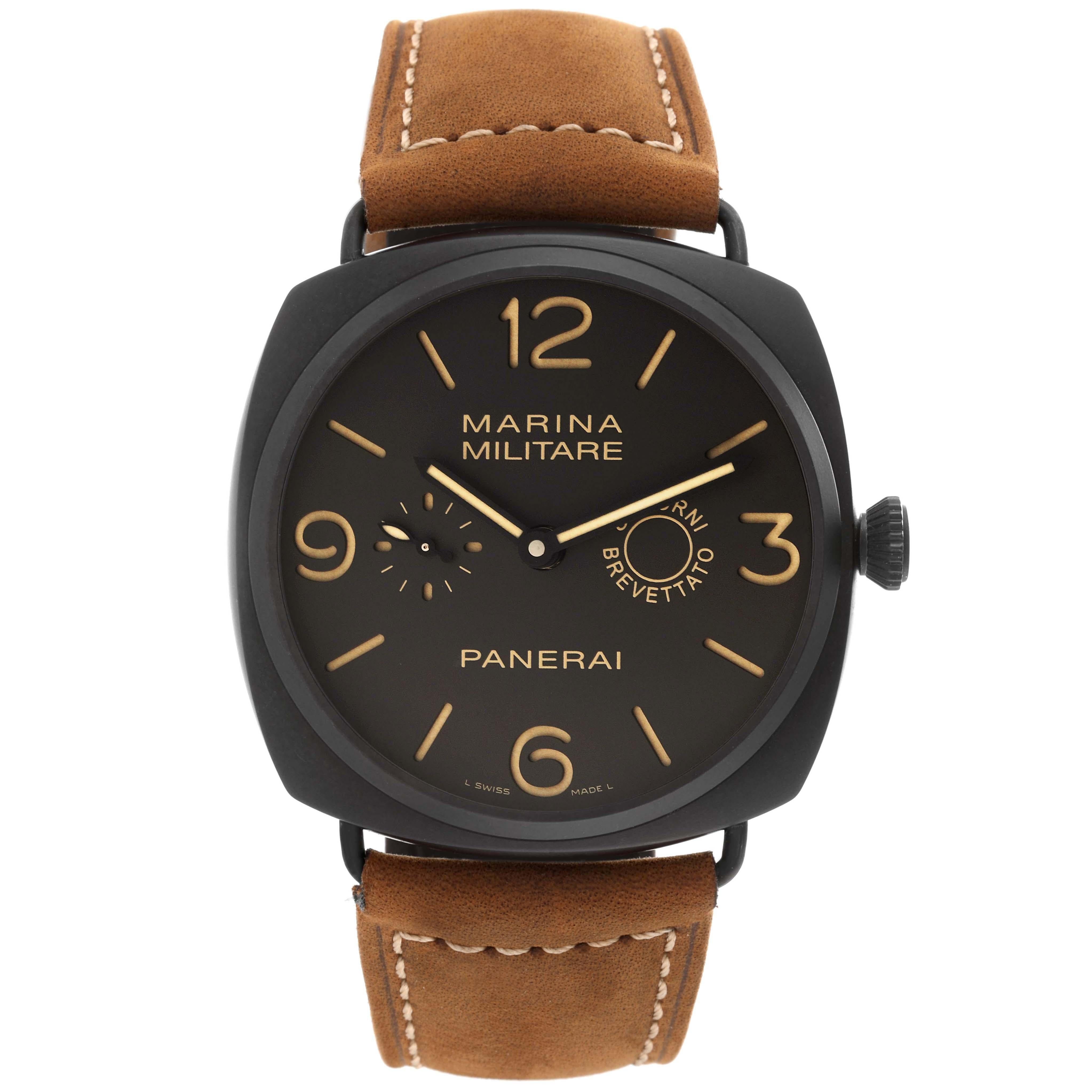 Panerai Radiomir Composite Marina Militare 8 Mens Watch PAM00339 Box Papers. Manual-winding movement. Cushion shaped composite case 47.0 mm in diameter. Black composite sloped bezel. Scratch resistant sapphire crystal. Millitary brown dial with