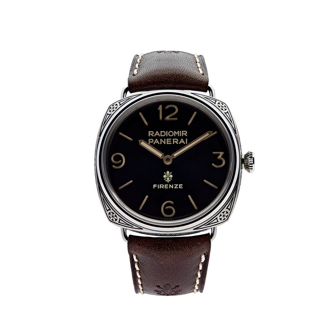 This Radiomir Firenze is crafted in an engraved stainless steel case measuring 47mm. The sun-brushed black dial features luminous Arabic numerals and hour markers. The watch comes on a dark brown calf leather strap.

Limited edition of 99