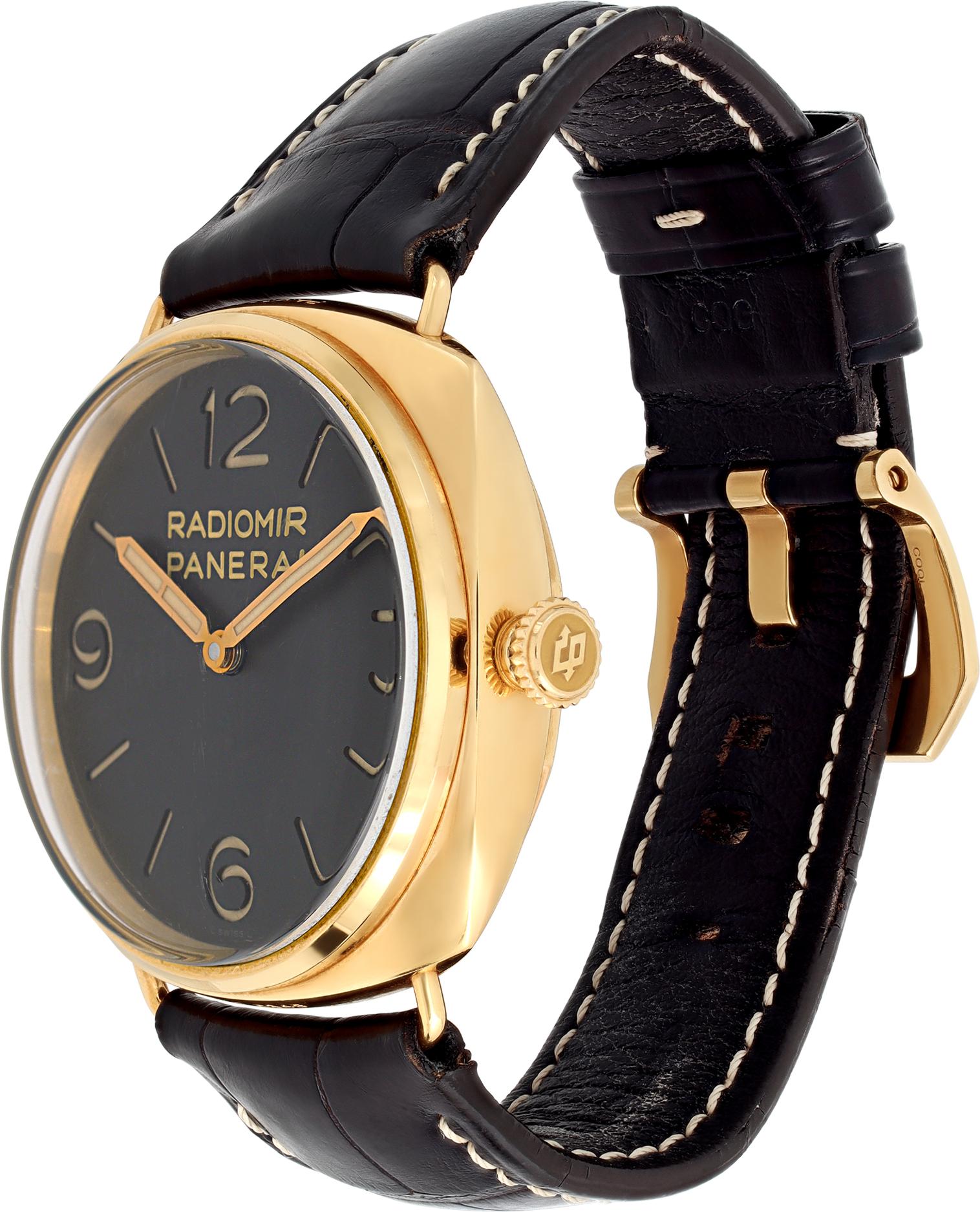 Panerai Radiomir GMT 3 Days in 18k rose gold on a black alligator strap with white stitching 18k rose gold tang buckle. Manual wind movement under glass. Limited edition of 501 items made. 47 mm case size. With papers. Circa 2012. Fine Pre-owned