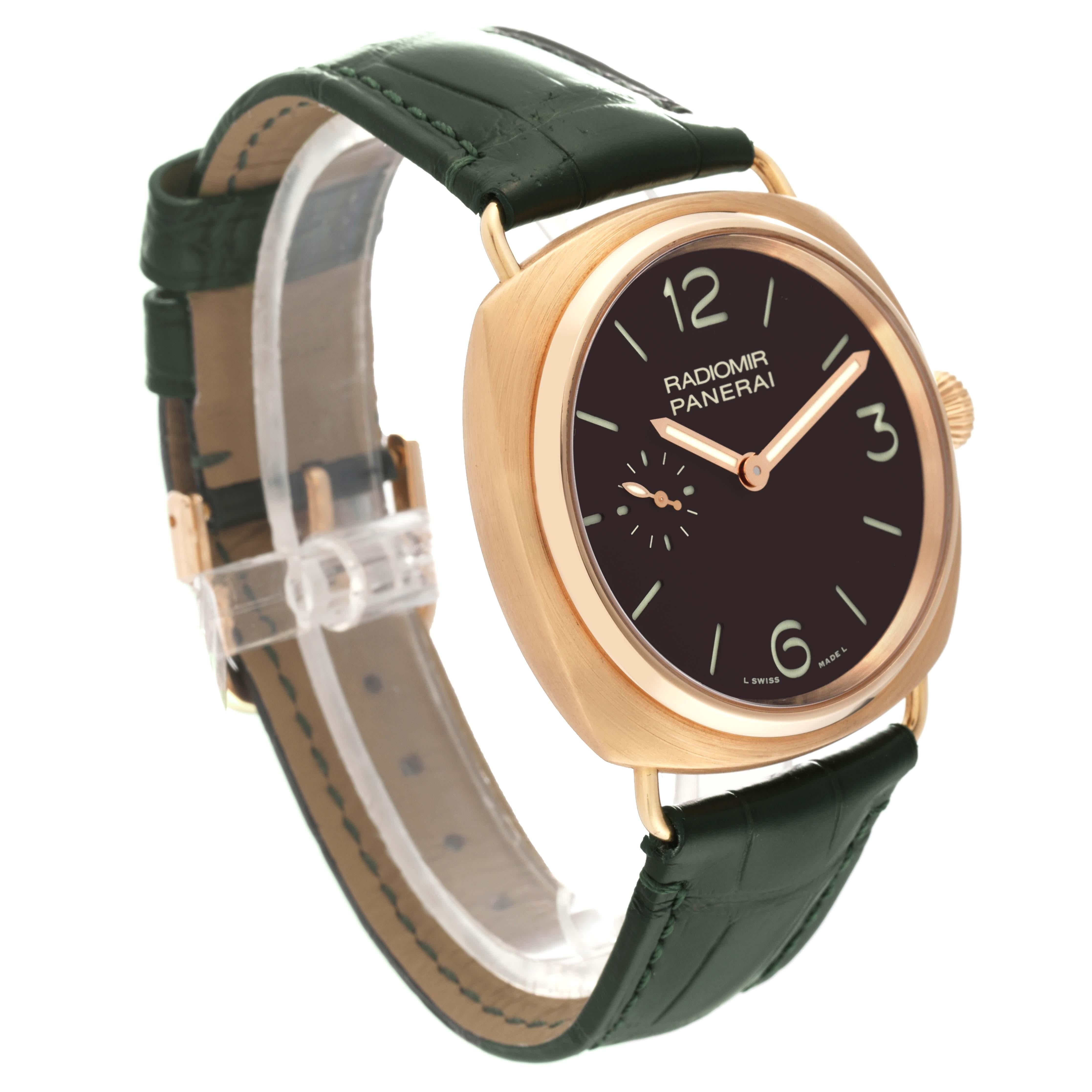 Panerai Radiomir Limited Edition Rose Gold Mens Watch PAM00336 Box Papers. Manual winding movement. 18k Rose gold cushion shaped case 42.0 mm in diameter. Transparent exhibition sapphire crystal caseback. 18k rose gold sloped bezel. Scratch