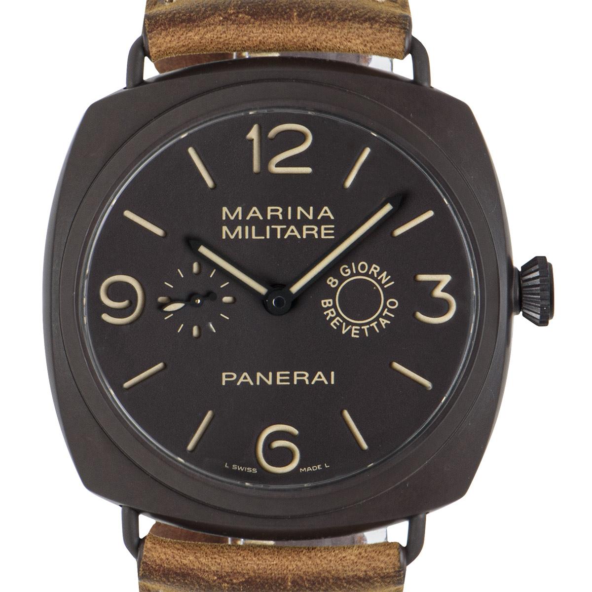 A Composite Radiomir Marina Militare 8 Giorni Gents Wristwatch PAM00339, brown dial with arabic numbers and index batons, small seconds at 9 0'clock, brown leather strap with a composite pin buckle, sapphire glass, manual wind movement, 8 days power