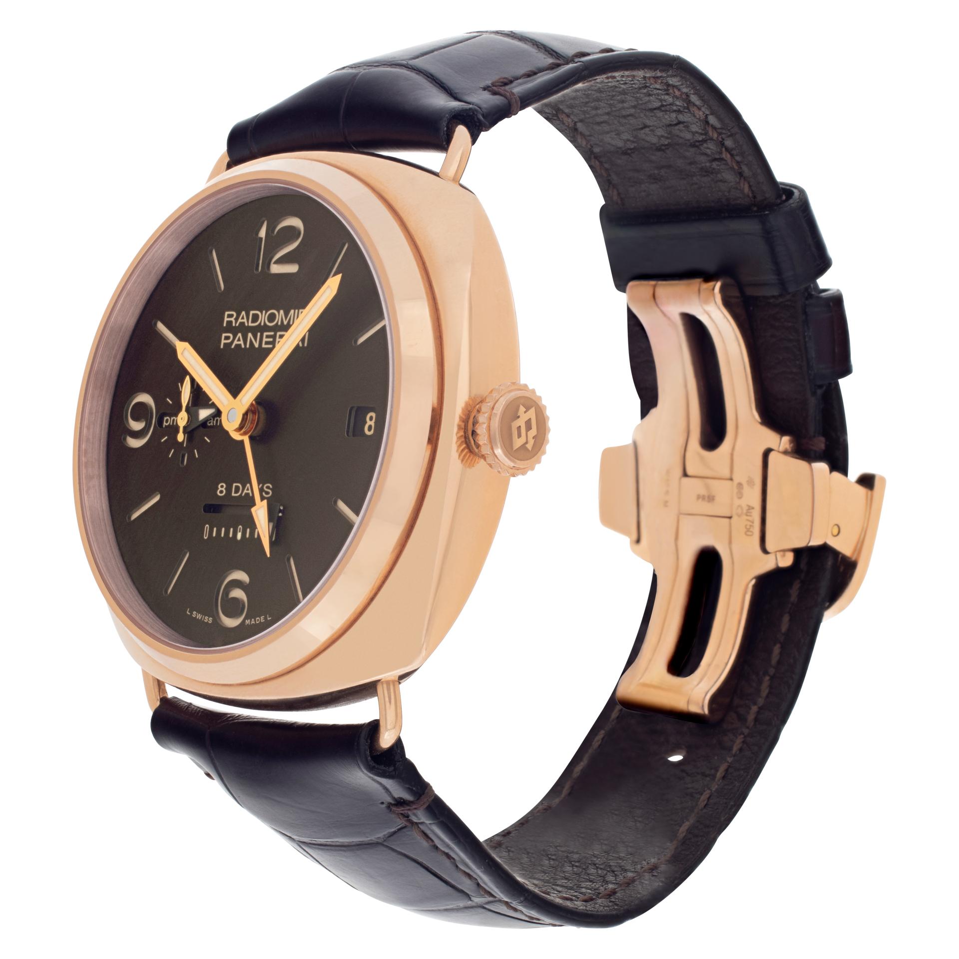 Panerai Radiomir 8 Days GMT Oro Rosso in 18k rose gold on leather strap. Manual w/ subseconds, date, power reserve indicator, dual time and 24 hour indicator.  45 mm case size. Limited Edition of 500 pieces. With box and papers. Ref PAM395. Fine