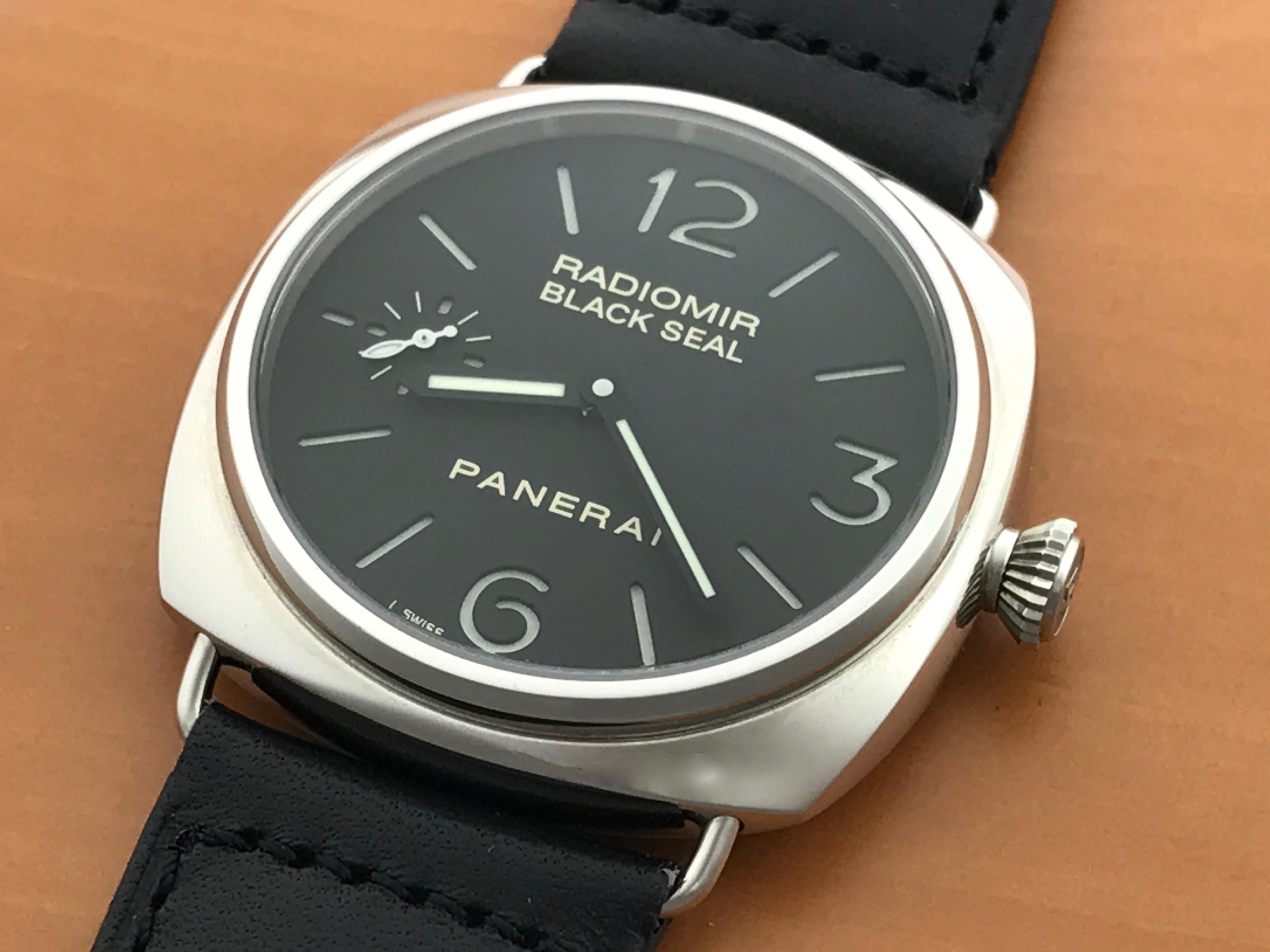 The Panerai Black Seal Radiomir Limited Edition PAM00183 certified pre-owned automatic men's wrist watch. Limited Series of 1500 Individually Numbered Pieces,  Black dial with luminous markers and Arabic numerals, signed Black Seal on dial. Panerai
