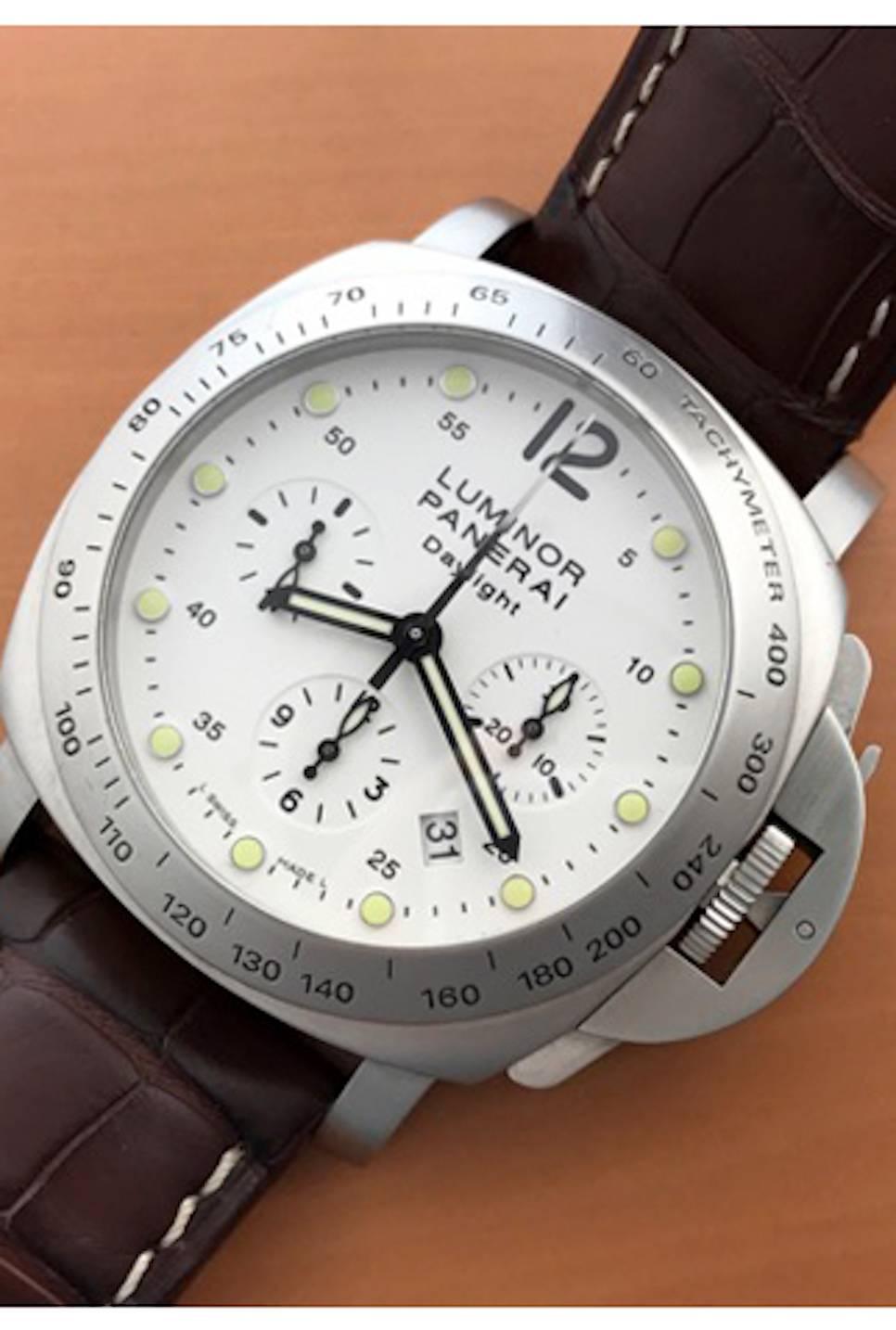Panerai Luminor Daylight Men's Automatic Stainless Steel wrist watch. Model PAM 00251. Certified Pre Owned and ready to ship! Limited Series of 1000 Individually Numbered Pieces (Series K), Chronograph and Automatic Winding with Date. White Dial